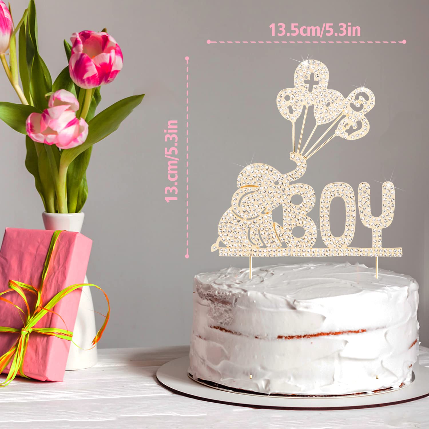 LINGTEER Gold Elephant Baby Boy Cake Topper with Rhinestones - Cheers to Sweet Baby Boy, Baby Shower & First Birthday Party Decorations - Perfect for Baby Shower Centerpieces, Gender Reveal Parties, and 1st Birthday Celebrations
