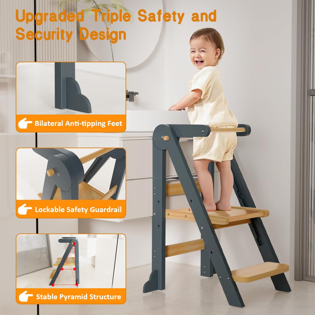 Foldable Toddler Learning Tower - Adjustable Height Step Stool with Safety Rails & Anti-Tip Design for Kitchen Helper | Perfect for Baking, Cooking & Playtime Activities for Toddlers & Kids