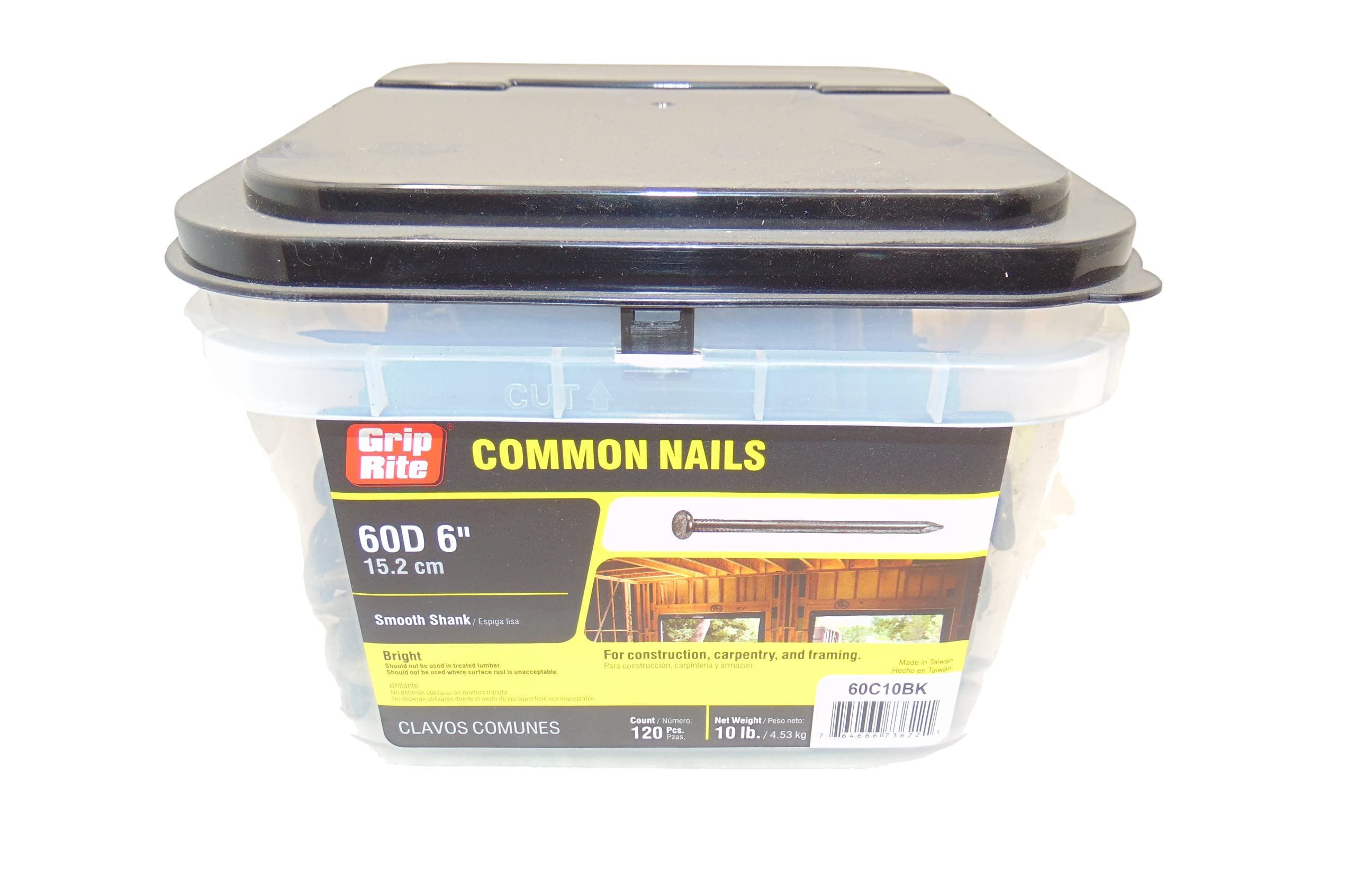 Grip Rite 6C10BK 6D 2-Inch Smooth Shank Bright Finish Bulk Common Nails - 1,600 Count, 10lbs - Ideal for Framing, Roofing, and General Construction Projects
