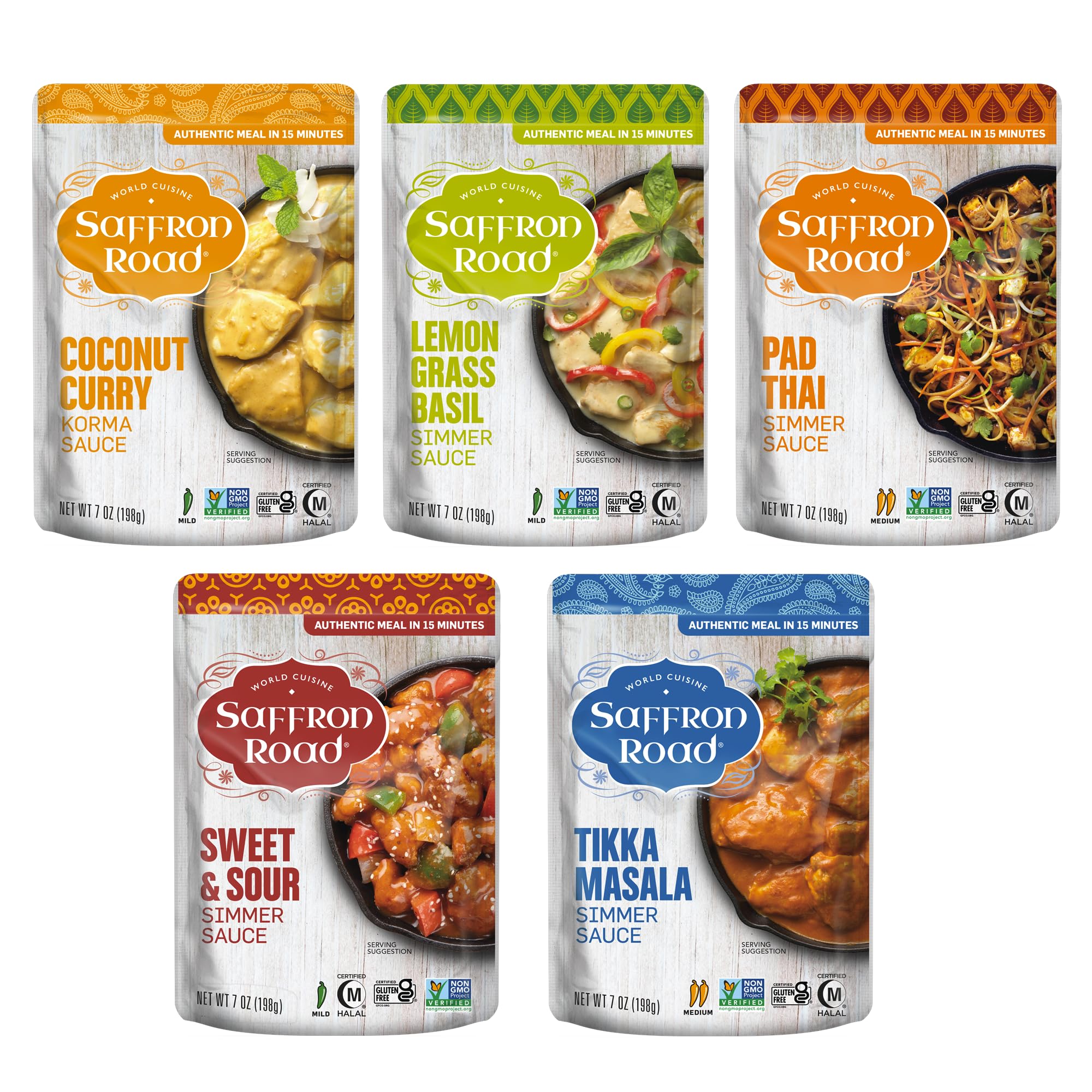 Saffron Road Simmer Sauce Variety Pack - 5 Pack (7 Oz Each) | Non-GMO, Gluten-Free, Halal Certified | Perfect for Indian & Middle Eastern Cuisine, Meal Prep & Quick Dinners
