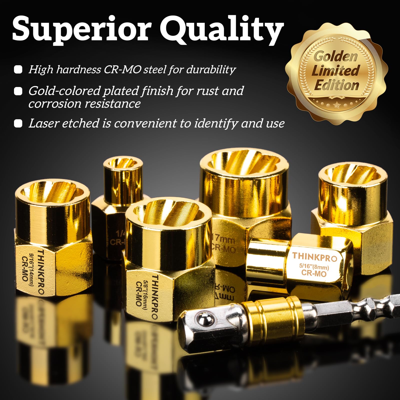 14PC Golden Bolt Extractor Kit - Stripped Nut & Screw Remover for Rusted Bolts - Auto & DIY Repair