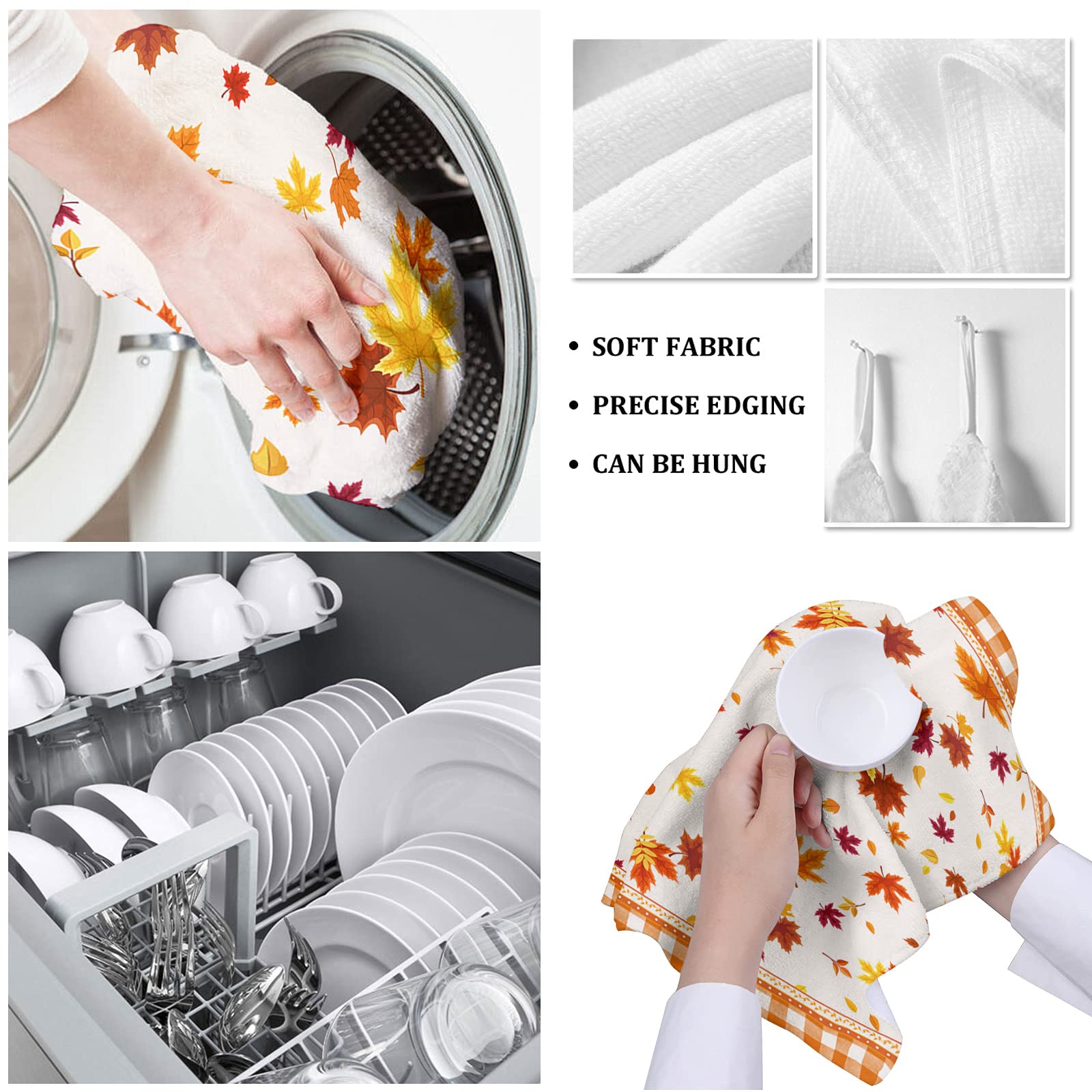 Premium Smile Sunflower Microfiber Kitchen Towels - Super Absorbent Reusable Dish Cloths (18x28 Inch) - Thanksgiving Maple Leaves Orange Plaid Design for Drying Dishes & Cleaning - Perfect for Kitchen, Dining, and Holiday Decor