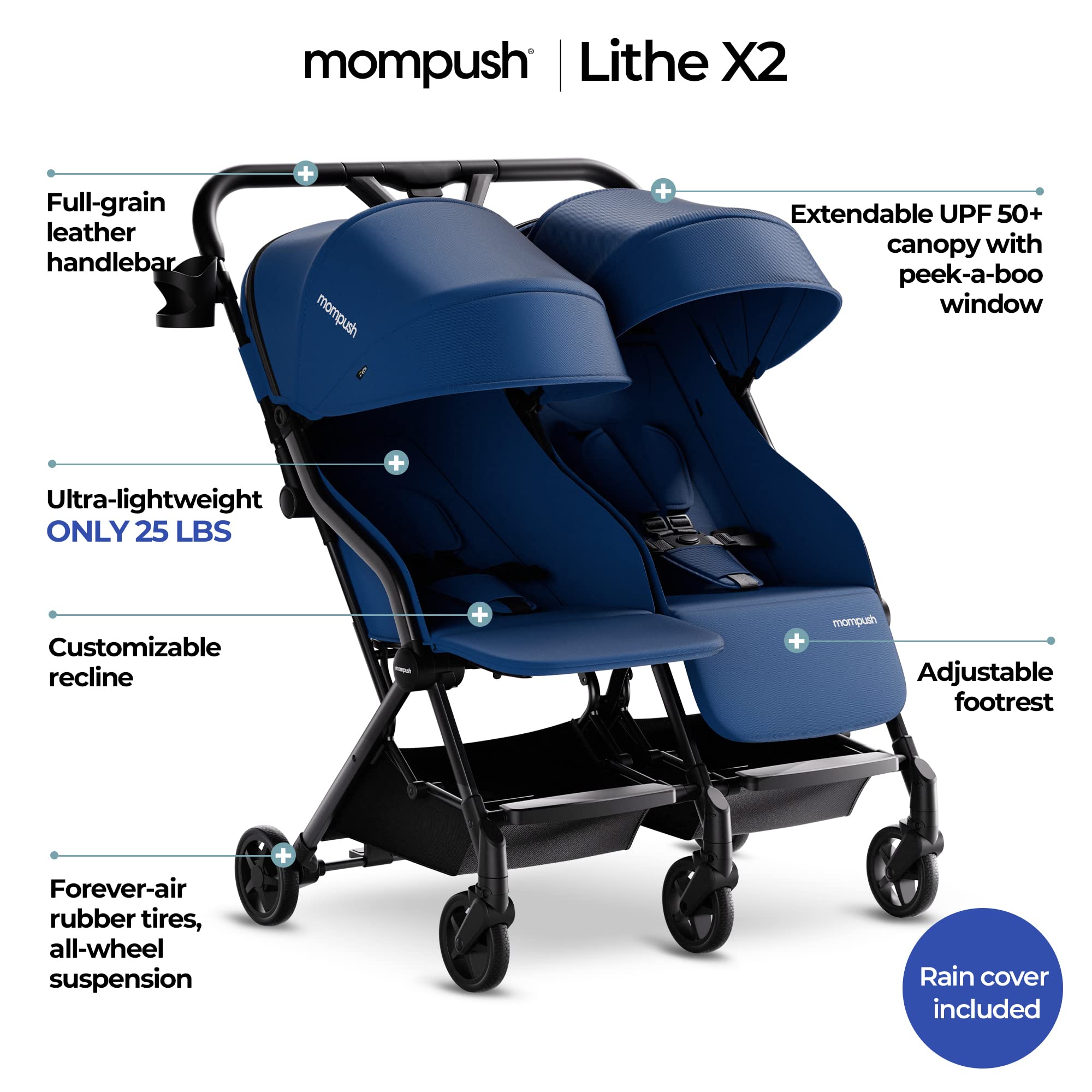 Mompush Lithe Double Ultralight Stroller - Lightweight Side by Side Baby Stroller with 2 Large Reclining Seats & Easy Fold | Perfect for Twins, Siblings & Traveling Families