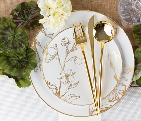 Elegant White and Gold Plastic Party Bundle - Antique Floral Design for Wedding, Birthday & Baby Shower Decorations