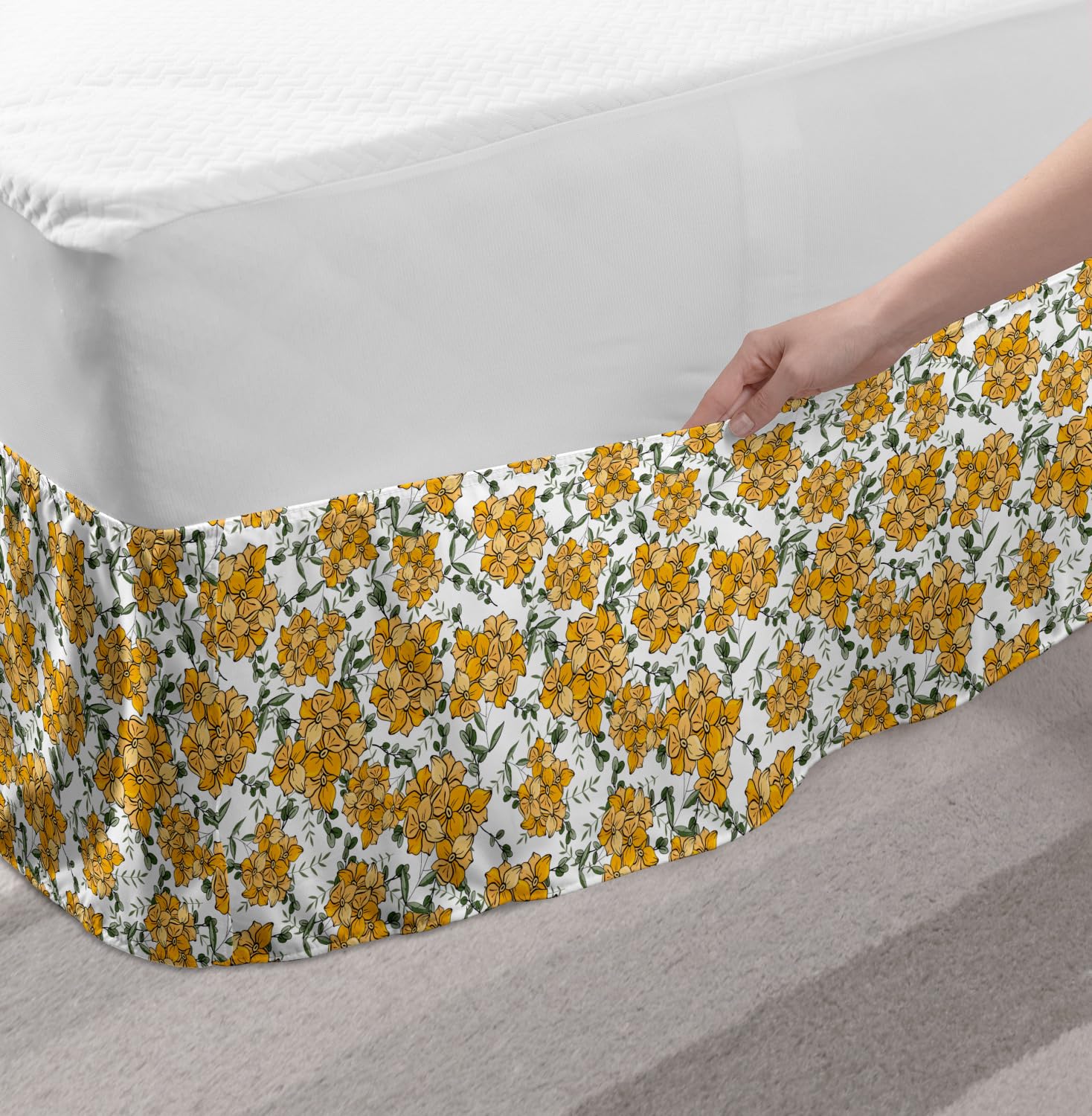 Ambesonne Floral Bed Skirt - Queen Size Elastic Wrap Around Dust Ruffle with Computer Graphic Flower & Leaf Design on Plain Background - Pale Orange & White - Perfect for Bedroom Decor & Guest Room Styling