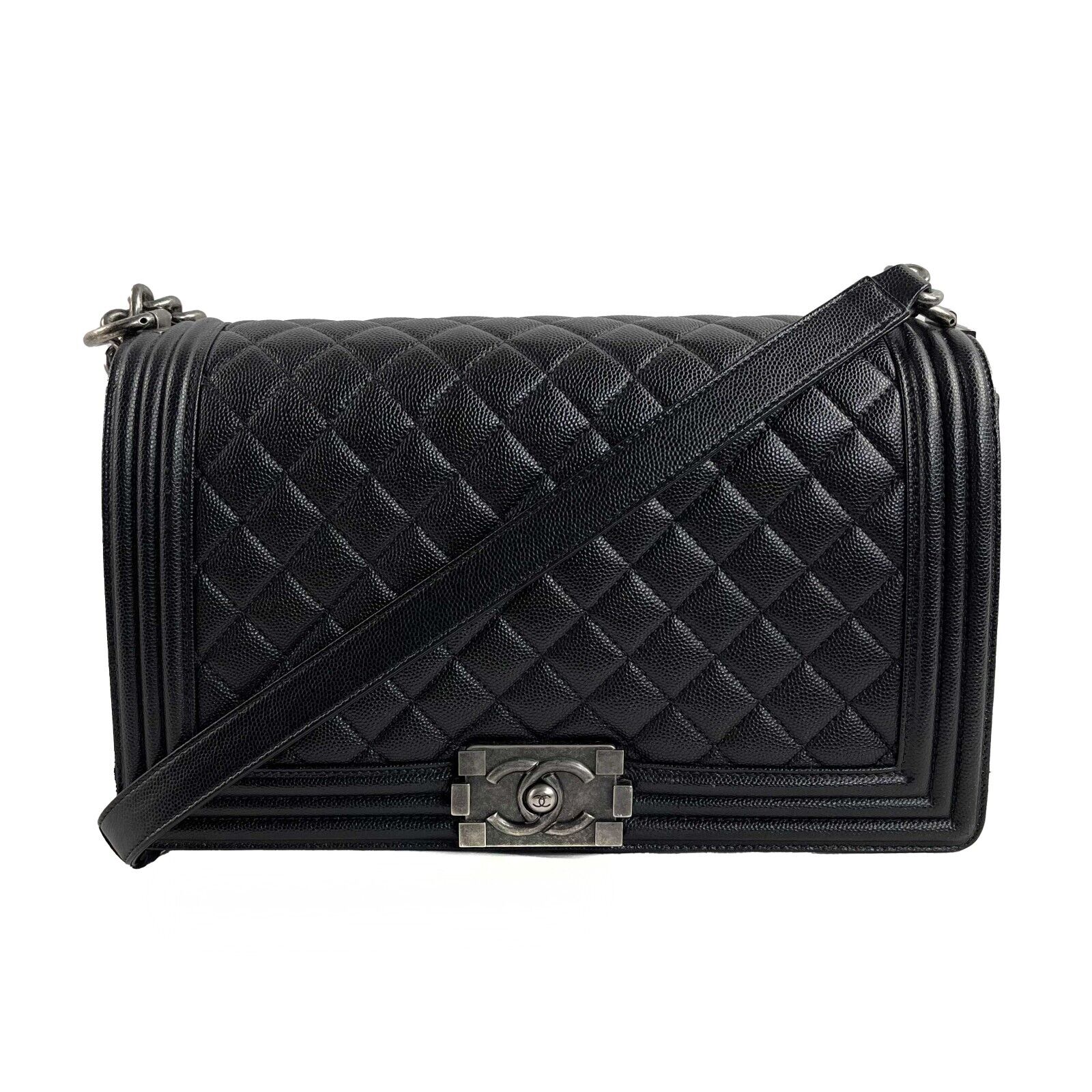 Chanel CC Boy Flap Quilted Double Stitch New Medium Black Caviar Leather Bag - Luxury Designer Handbag for Women, Perfect for Parties, Work & Everyday Use