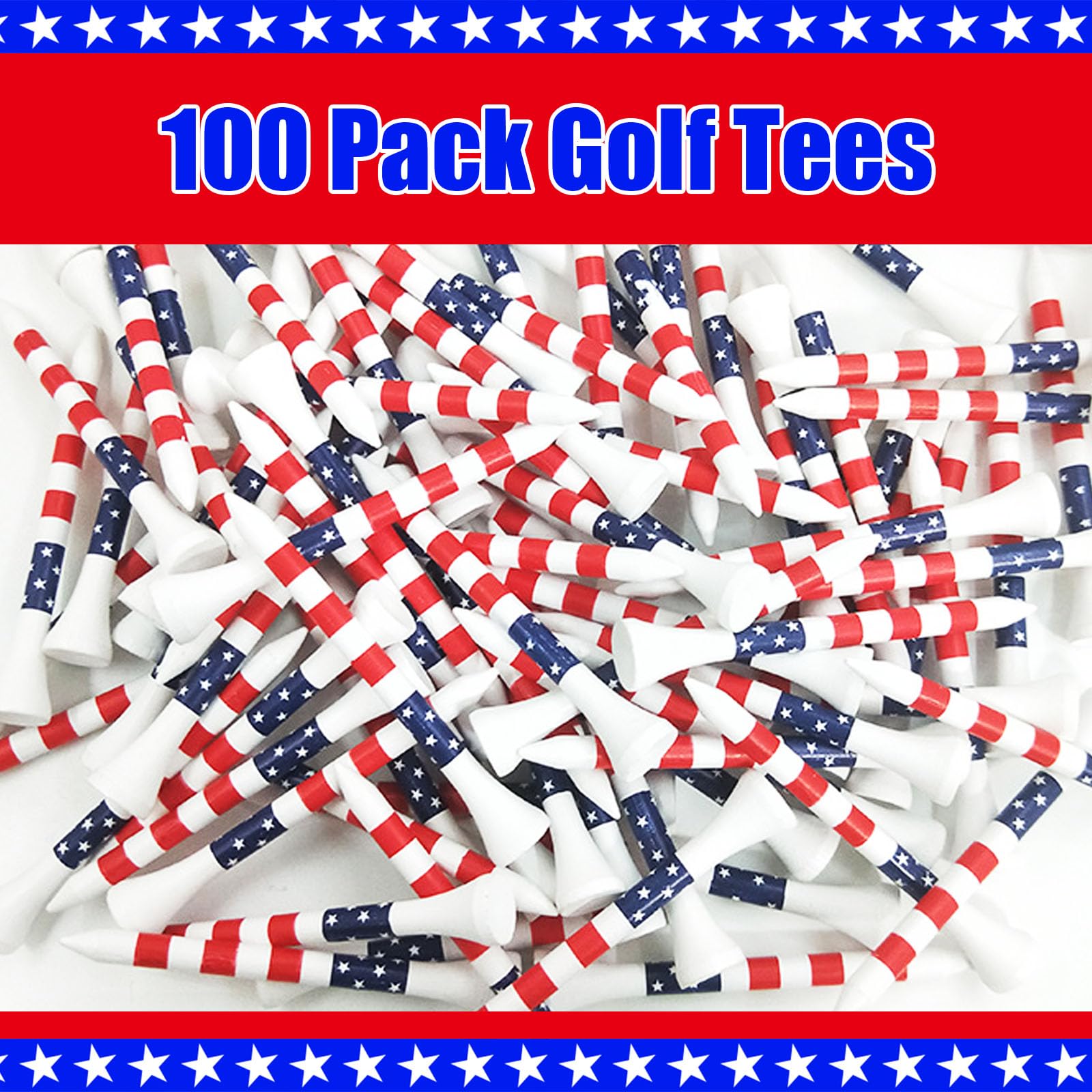 100 Pack 3-1/4 Inch Bamboo Golf Tees - Unbreakable USA Flag Design Wooden Tees for Men & Women - Perfect for Driving Range, Tournament Play & Backyard Practice