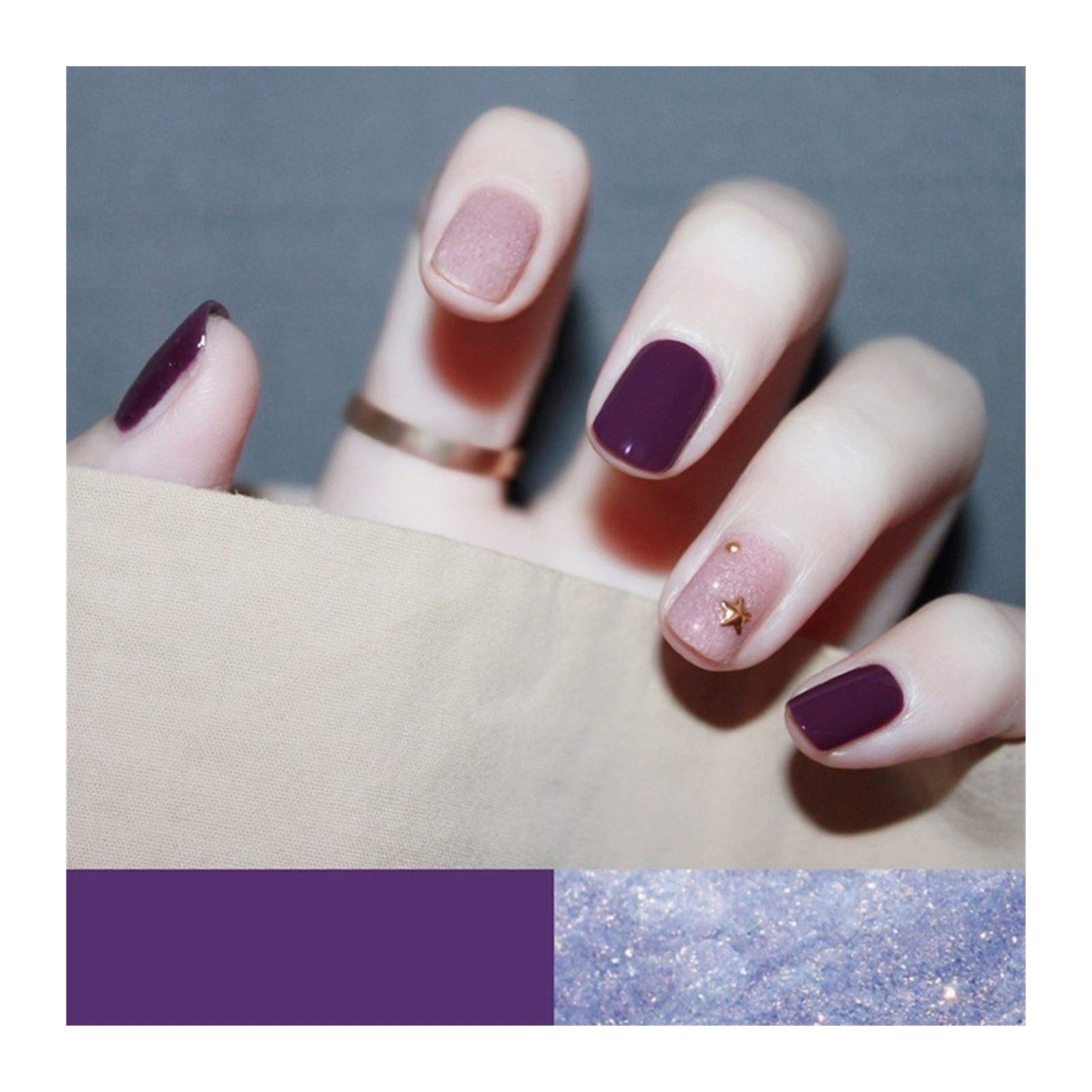 24pcs Dark Purple & Light Pink Star Decor Fake Nails Set - Short Square Full Cover False Nails with Glue | Perfect for Parties, Weddings & Special Occasions