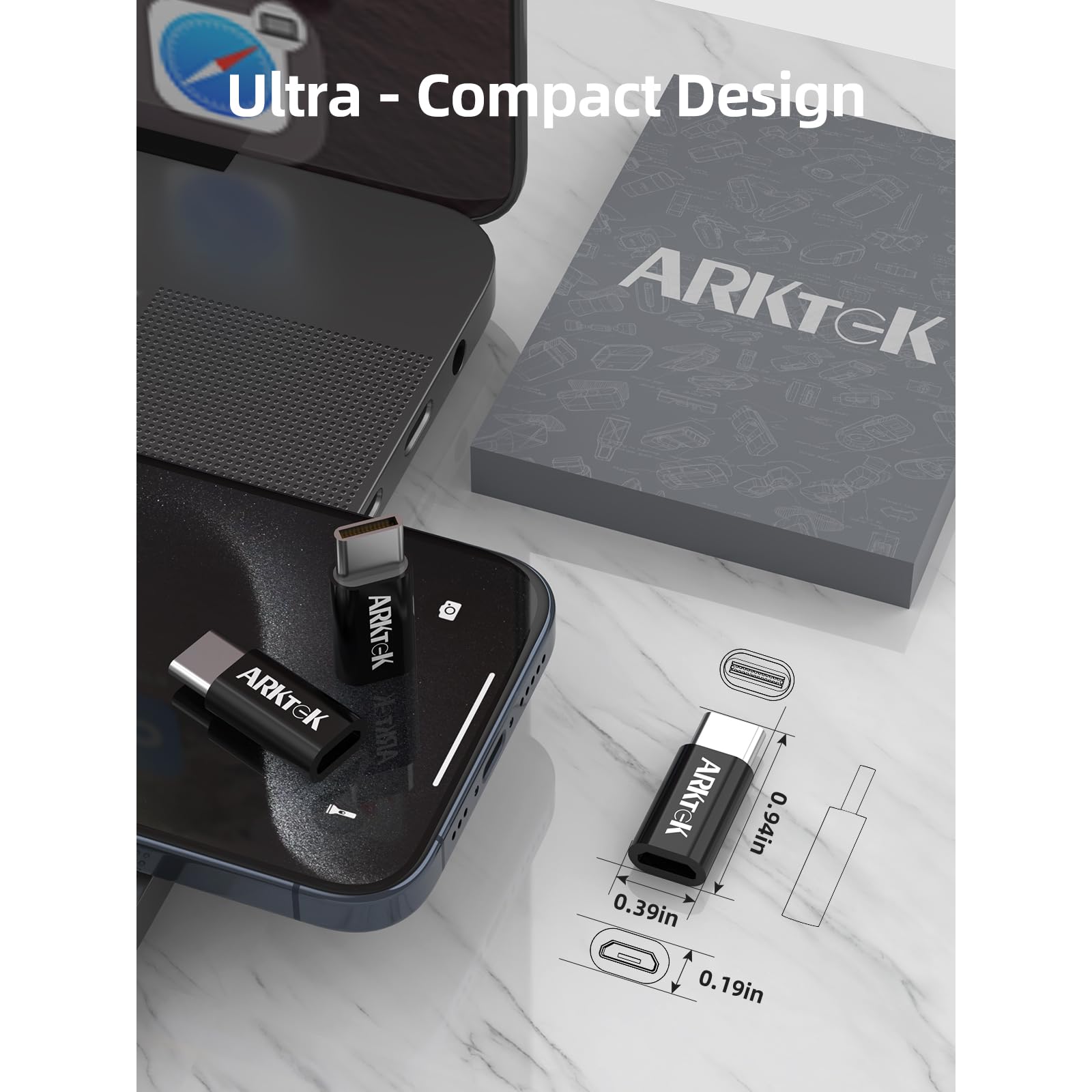 ARKTEK 6 Pack USB-C to Micro USB Adapter, Fast Charging & Data Transfer, Compatible with iPhone 16/15/15 Pro, AirPods 4 Plus, Galaxy S24/Note 20, Pixel 9 - Universal Type C Converter for Travel, Office & Home Use (Black)