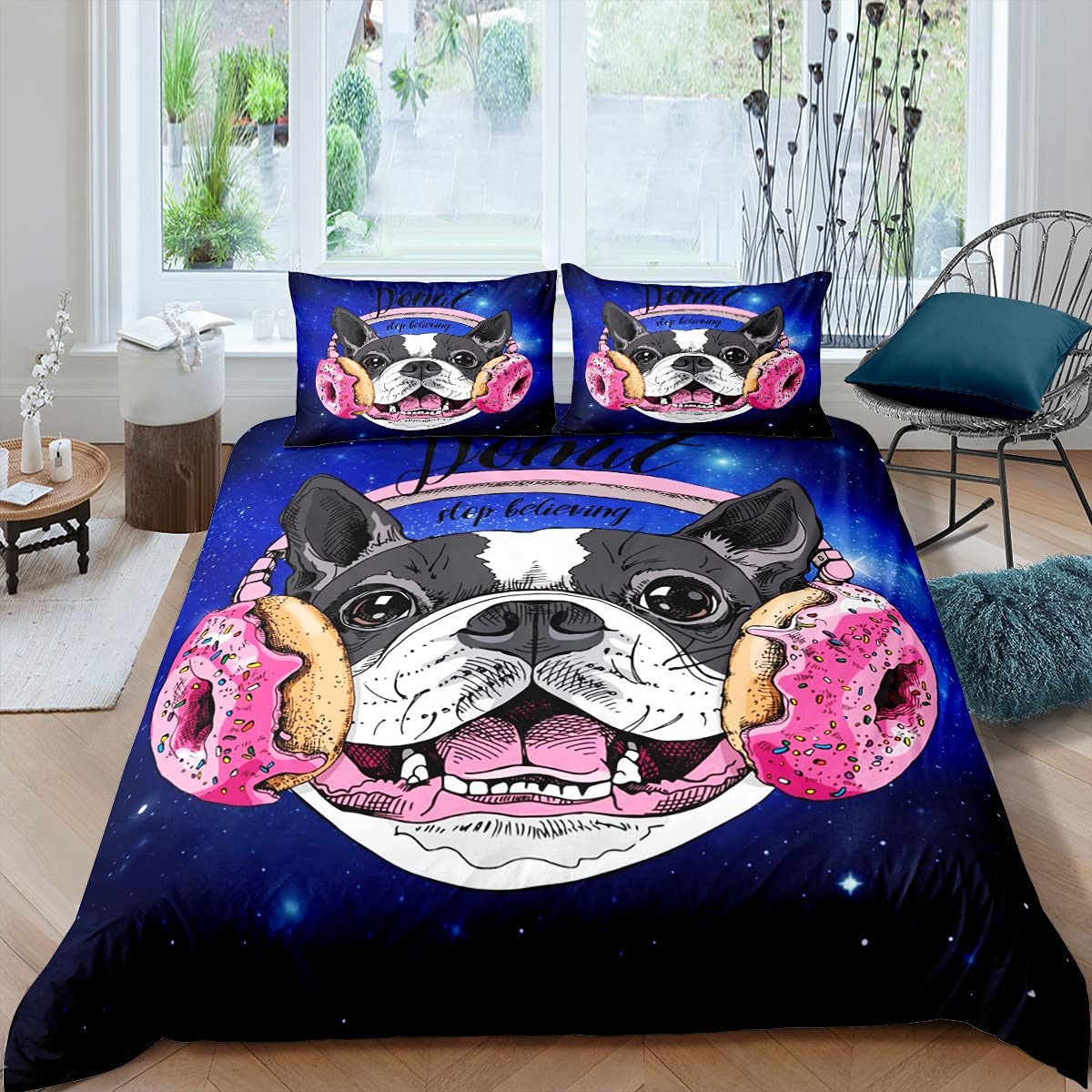 Erosebridal Queen Size Sharpei Dog Duvet Cover Set - Blue Starry Sky Funny Music Dessert Theme Bedding for Boys, Girls & Youth | Perfect for Pet Lovers' Bedroom Decor & Teen Room Makeover