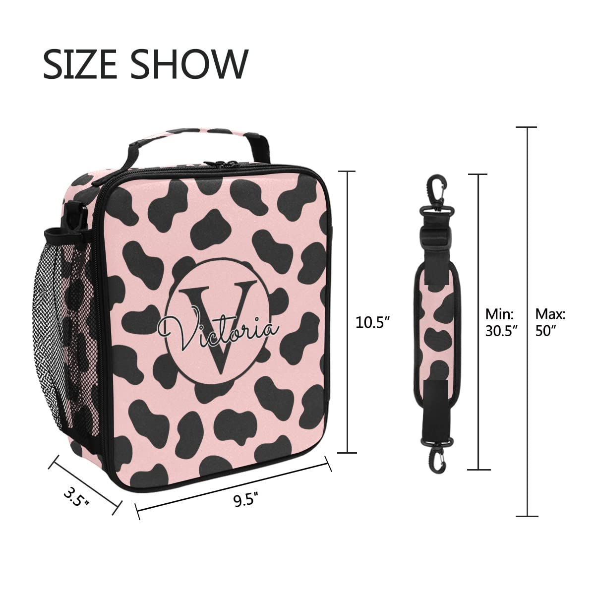 Custom Cow Print Pink & Black Insulated Lunch Bag - Reusable Double Layer Cooler with Adjustable Strap for Adults & Kids - Perfect for School, Work, Picnics & Outdoor Activities