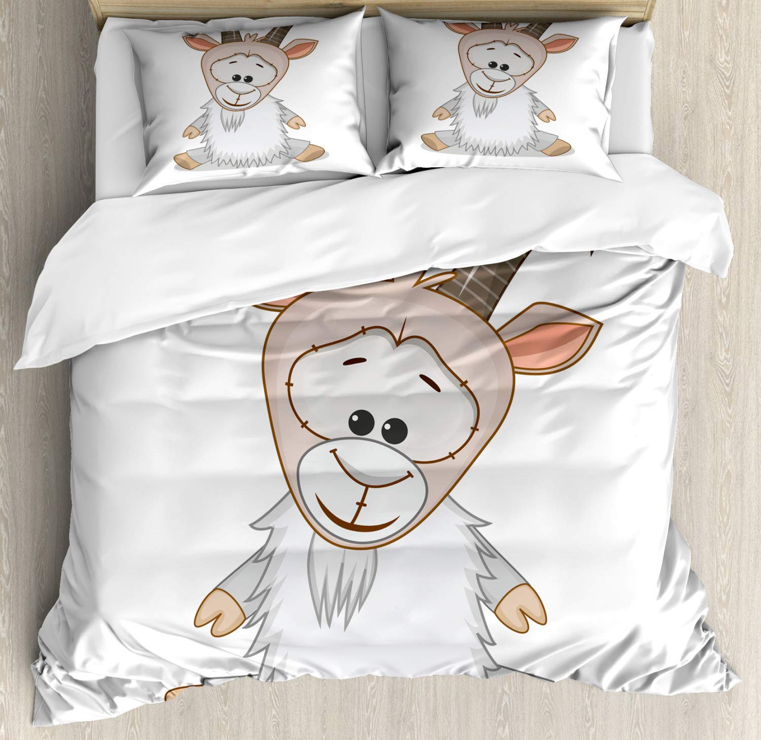 Ambesonne Goat Duvet Cover Set - Cartoon Ibex with Small Hooves Sitting Cheerfully, 3-Piece Bedding Set with 2 Pillow Shams, California King Size, Multicolor | Perfect for Kids' Rooms, Nursery Decor, and Whimsical Bedroom Themes