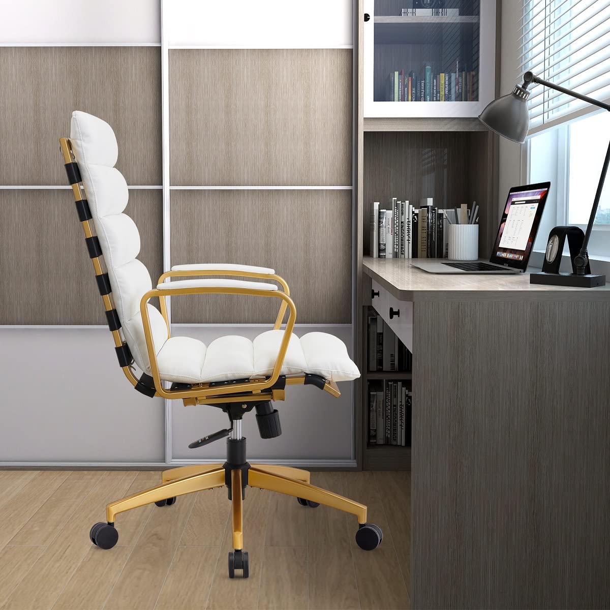 Premium White & Gold Leather Office Chair - Mid Century Modern Executive Desk Chair with Wheels - Ergonomic Rolling Chair for Home Office, Study, or Conference Room (Gold & White)