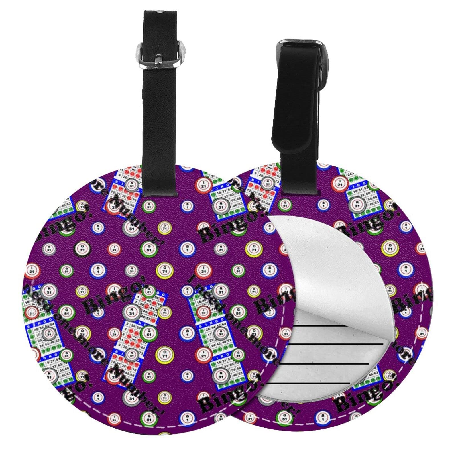 Bingo I Need One More Number Round Luggage Tag - Leather Privacy Cover ID Identifier for Suitcases (4-Pack) - Perfect for Travel, Airports & Cruise Vacations