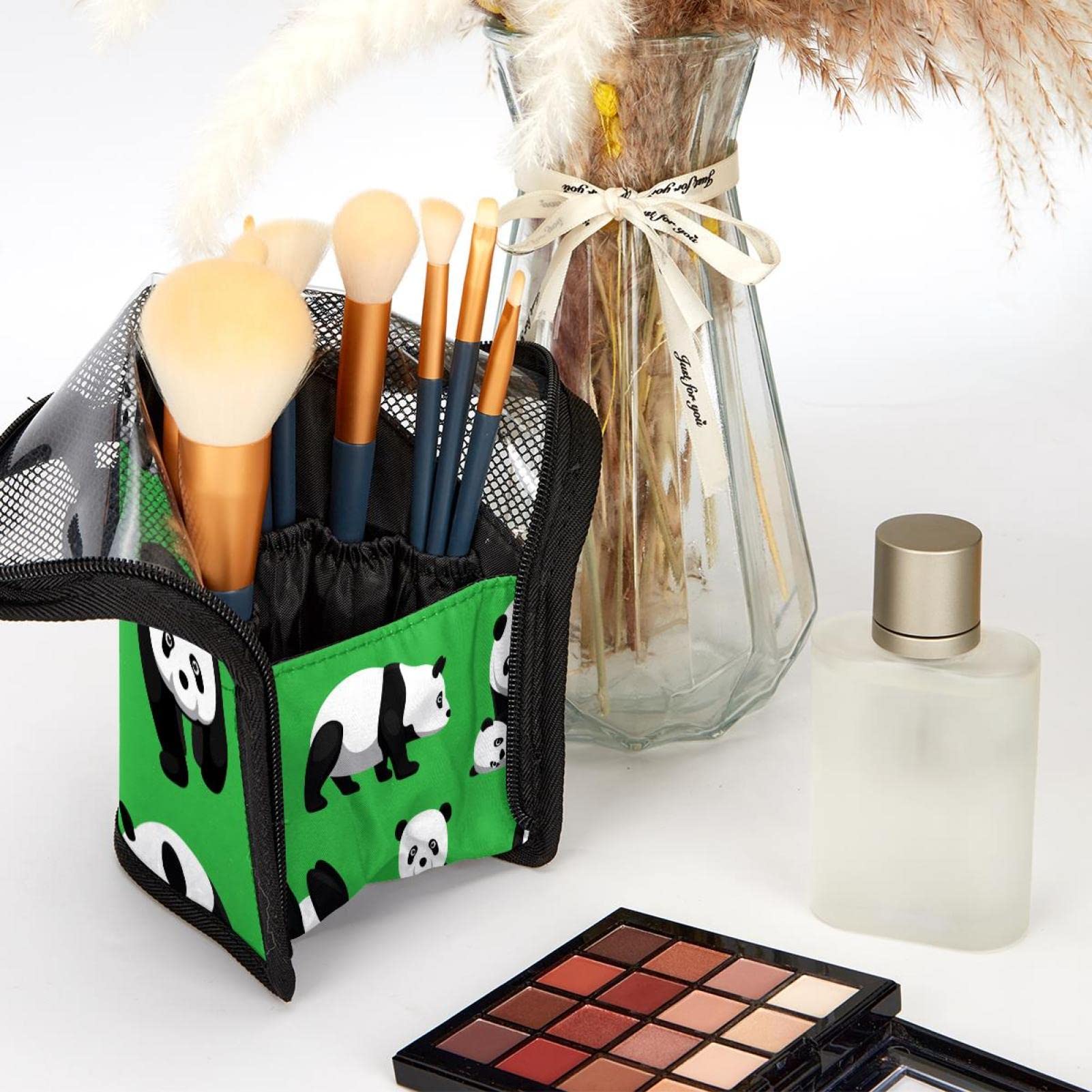 12-Piece Makeup Brush Organizer Bag with Cute Panda Design - Portable Cosmetic Brush Holder Case for Travel & Home Storage | Green Background Makeup Brush Set for Professional & Everyday Use