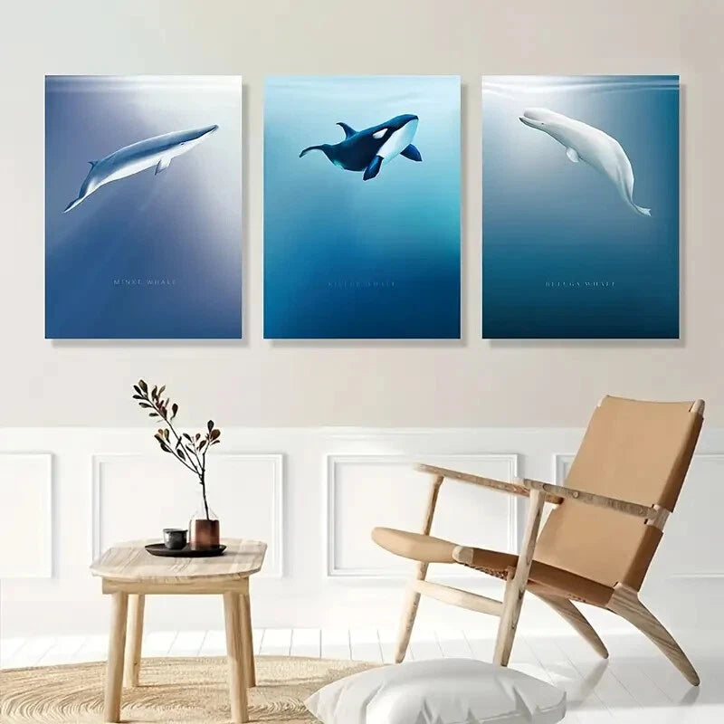 3-Piece Sea Life Metal Wall Art - White, Black & Blue Whale Prints - Ready to Hang Ocean Themed Decor for Living Room, Bedroom or Nursery
