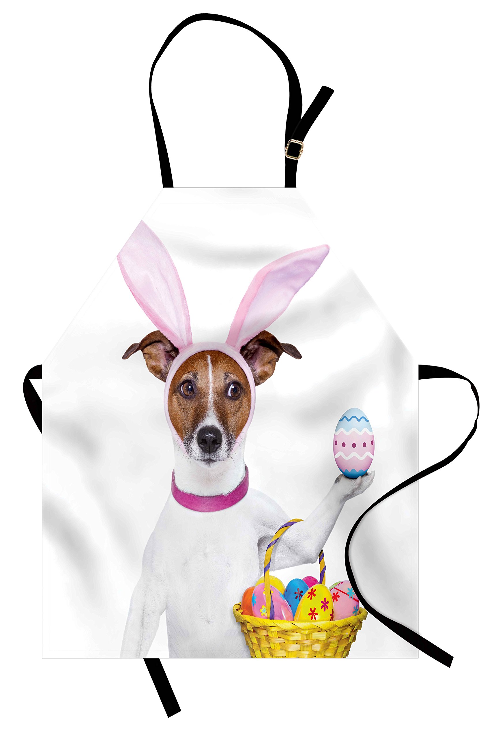 Ambesonne Easter Apron - Funny Dog Dressed as Easter Bunny Holding Egg Basket - Adjustable Unisex Kitchen Bib for Cooking, Baking, Gardening - Perfect for Easter Celebrations, Holiday Cooking & Spring Parties