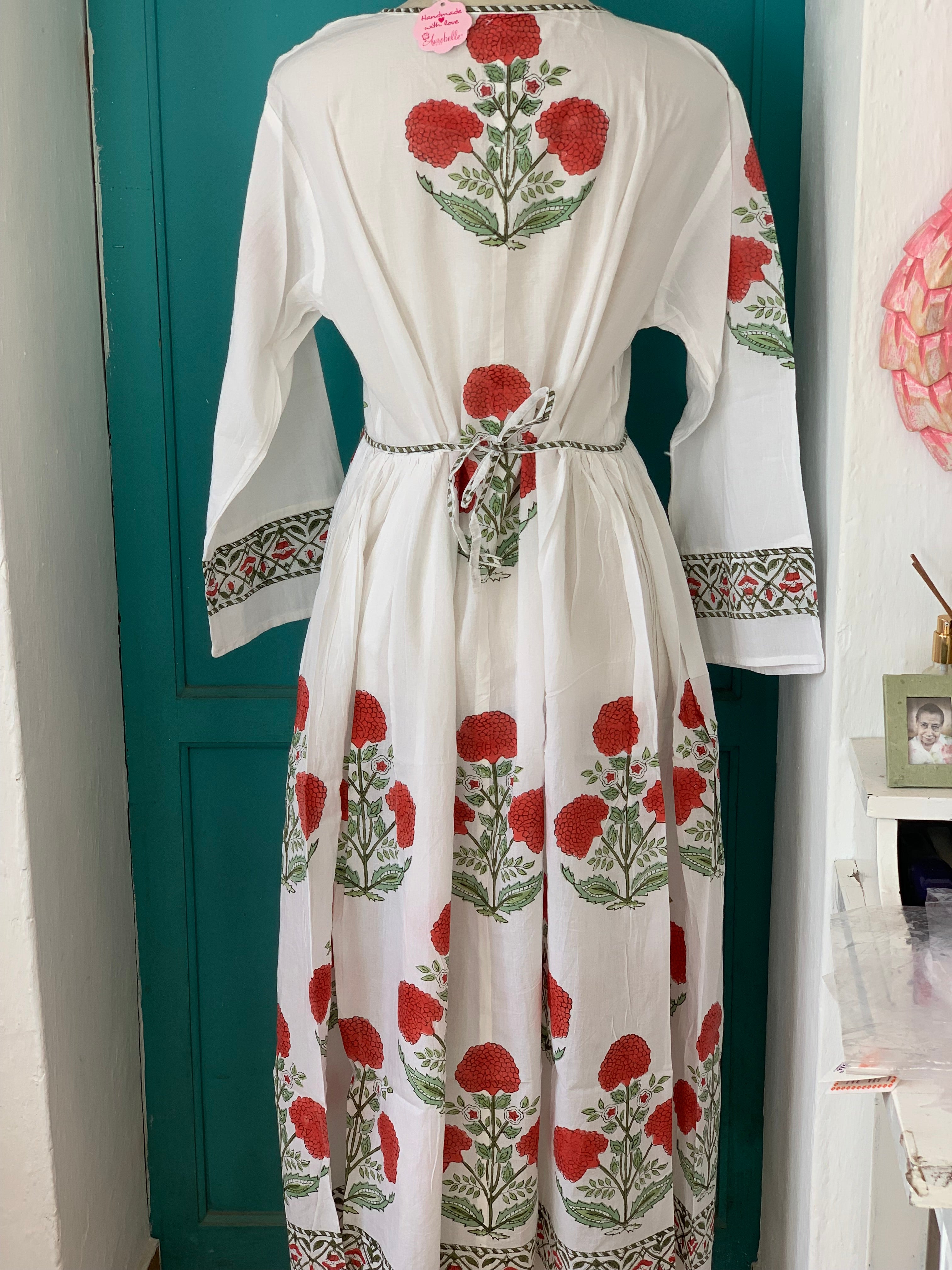 Handmade Mughal Block Print Dress with Red Poppy Floral Design - Perfect for Festivals, Weddings & Cultural Events