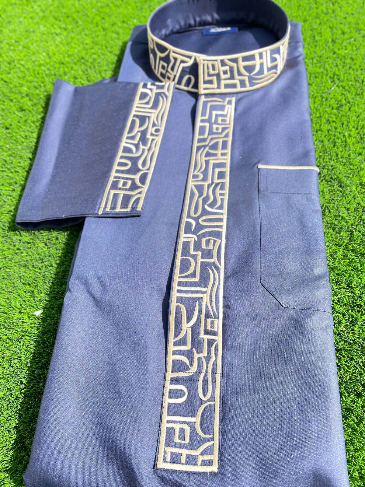 Premium Men's Blue Saudi Thobe with Gold Embroidery - Traditional Arabic Islamic Robe for Eid, Wedding & Special Occasions