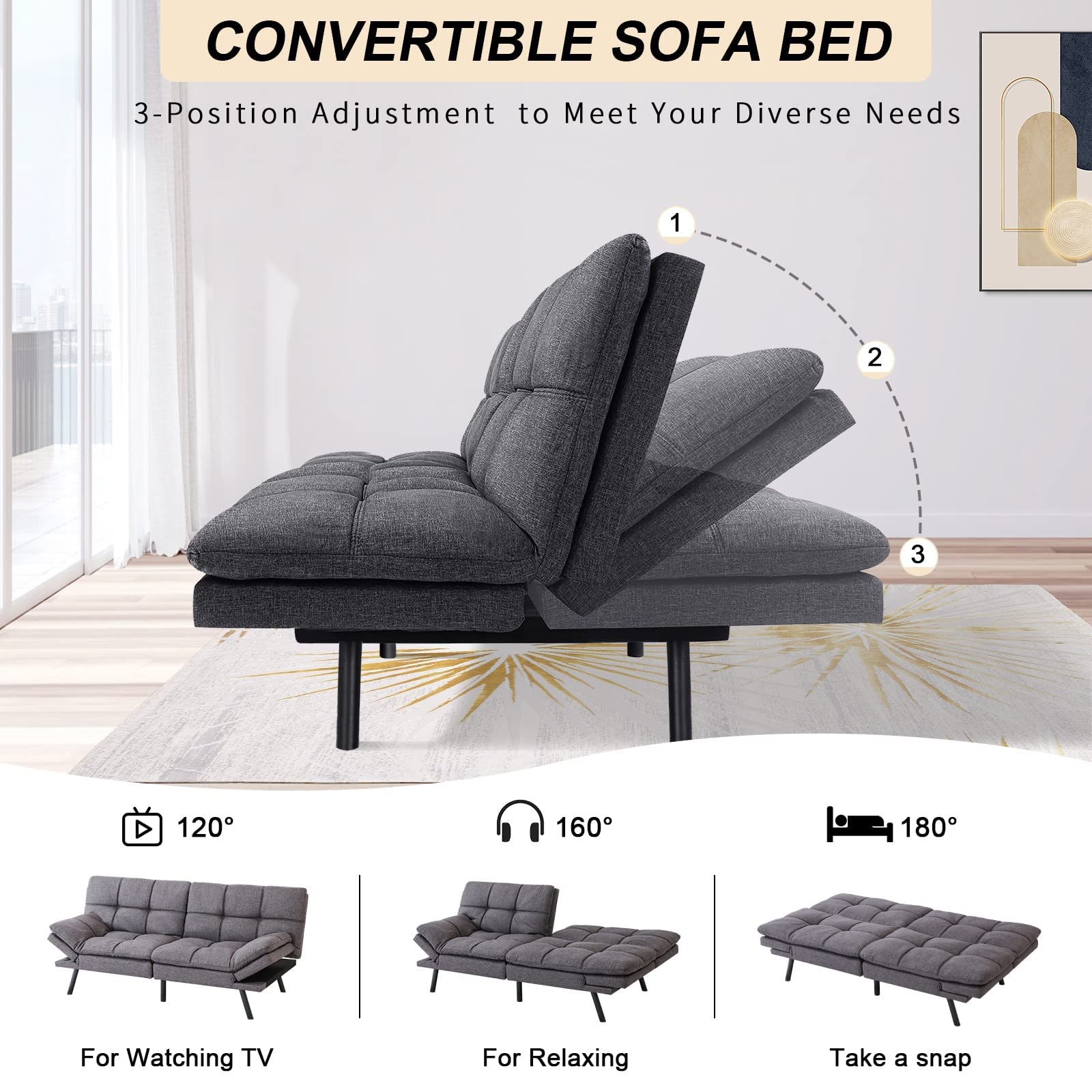 Opoiar Convertible Memory Foam Sleeper Sofa Bed - Adjustable Modern Loveseat & Futon Set for Small Spaces - Grey Sofabed for Compact Living Rooms, Apartments, Dorms & Guest Rooms | Perfect for Studio Apartments, Home Offices & Cozy Movie Nights