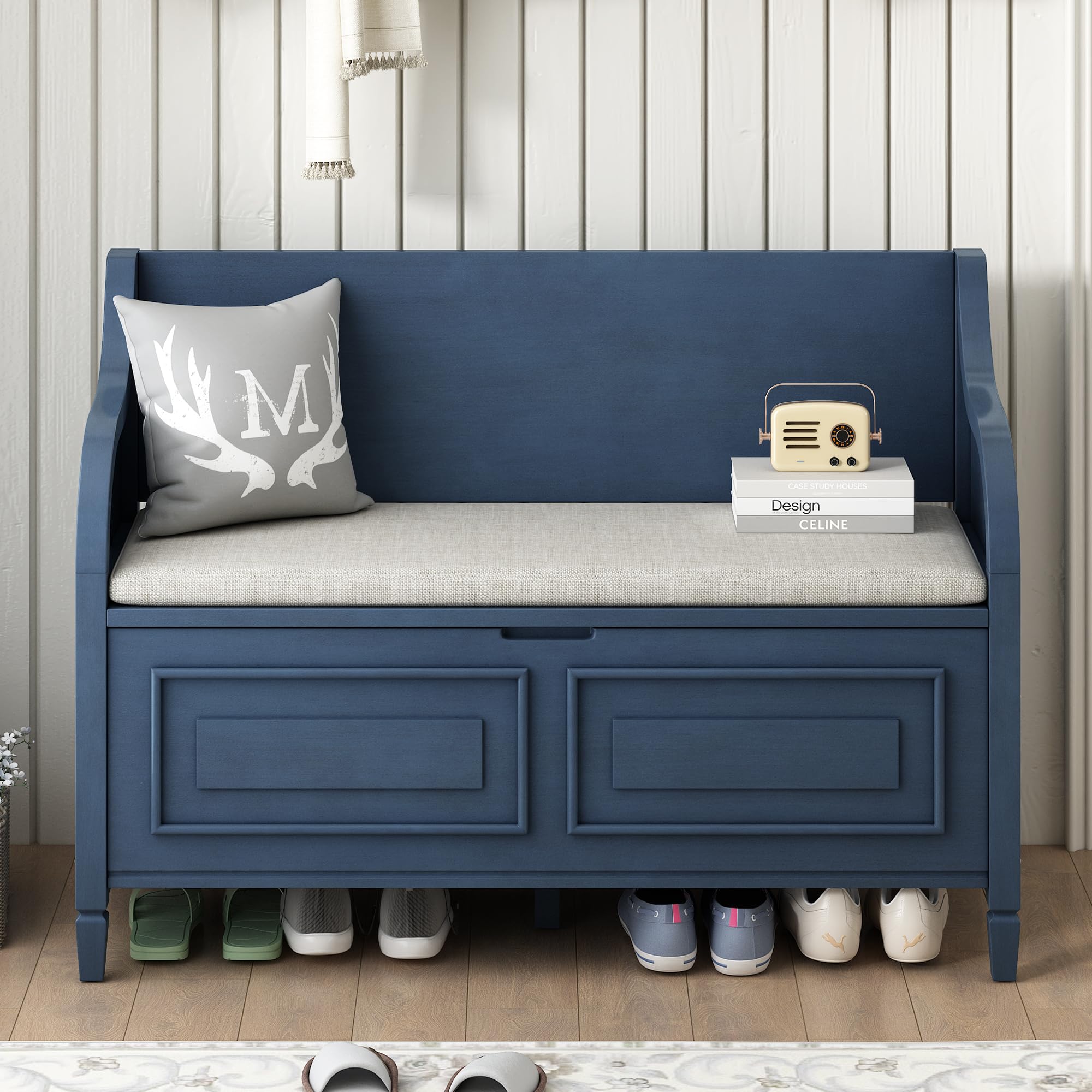 Merax Storage Bench with Safety Hinge - Shoe Bench with Backrest & Removable Cushion - Entryway, Living Room, Bedroom Furniture - Antique Navy & Beige - Perfect for Small Spaces, Hallway Organization & Home Decor
