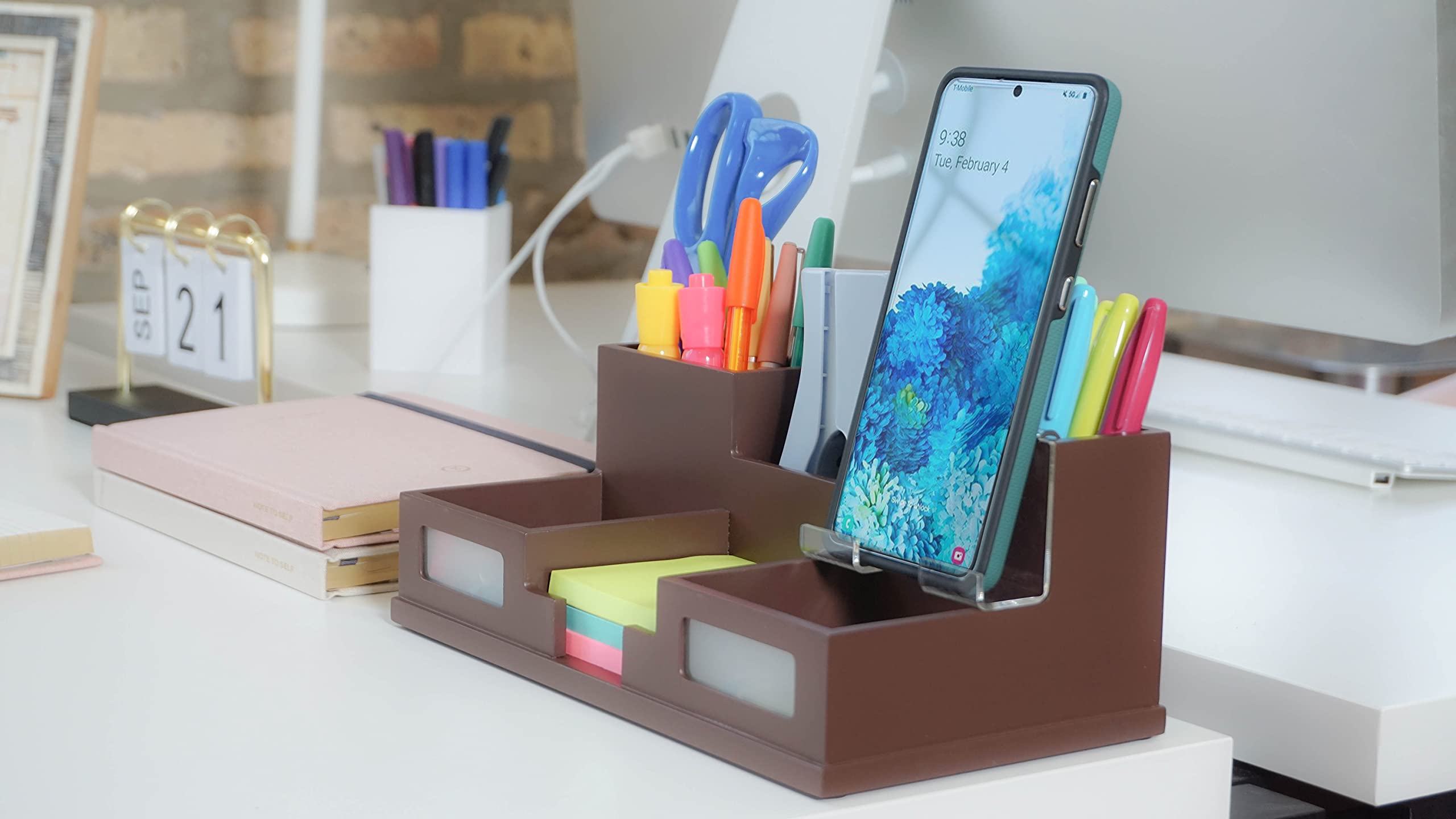 Victor Desk Organizer with Smartphone Holder - Mocha Brown Office Supplies (Model B9525) | Perfect for Home Office, Workspace & Study Desk Organization