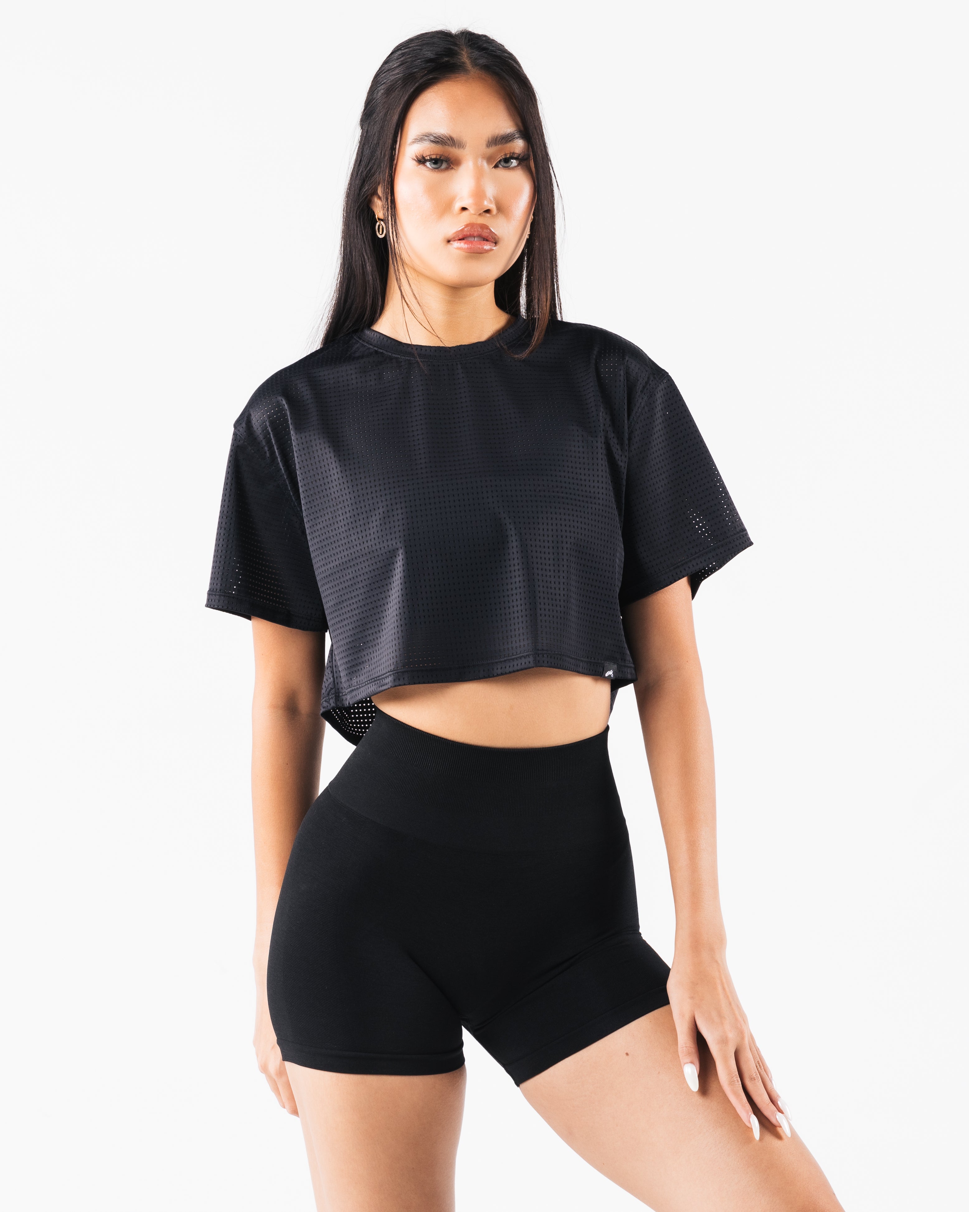 Margo Mesh Crop Tee - Women's Fashion Black Short Sleeve T-Shirt for Summer, Gym, and Streetwear Outfits