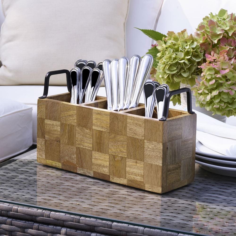 Avery Checkered Flatware Wood Caddy - Stylish Wooden Utensil Holder for Kitchen, Dining Table, and Picnic Organizer