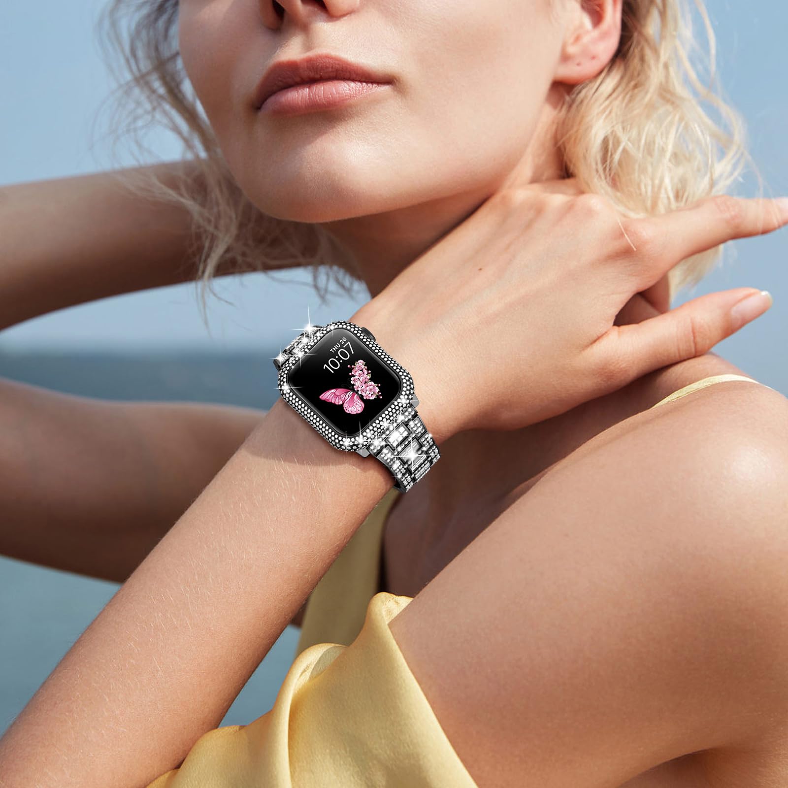 Sparkling Luxury Diamond Apple Watch Band for Women - Compatible with iWatch SE Series 10/9/8/7/6/5/4 & 40/41/42/44/45/46mm Models - Shiny Metal Case with Full Diamond Cover Set - Elegant Fashion Accessory for Daily Wear, Workouts & Special Occasions