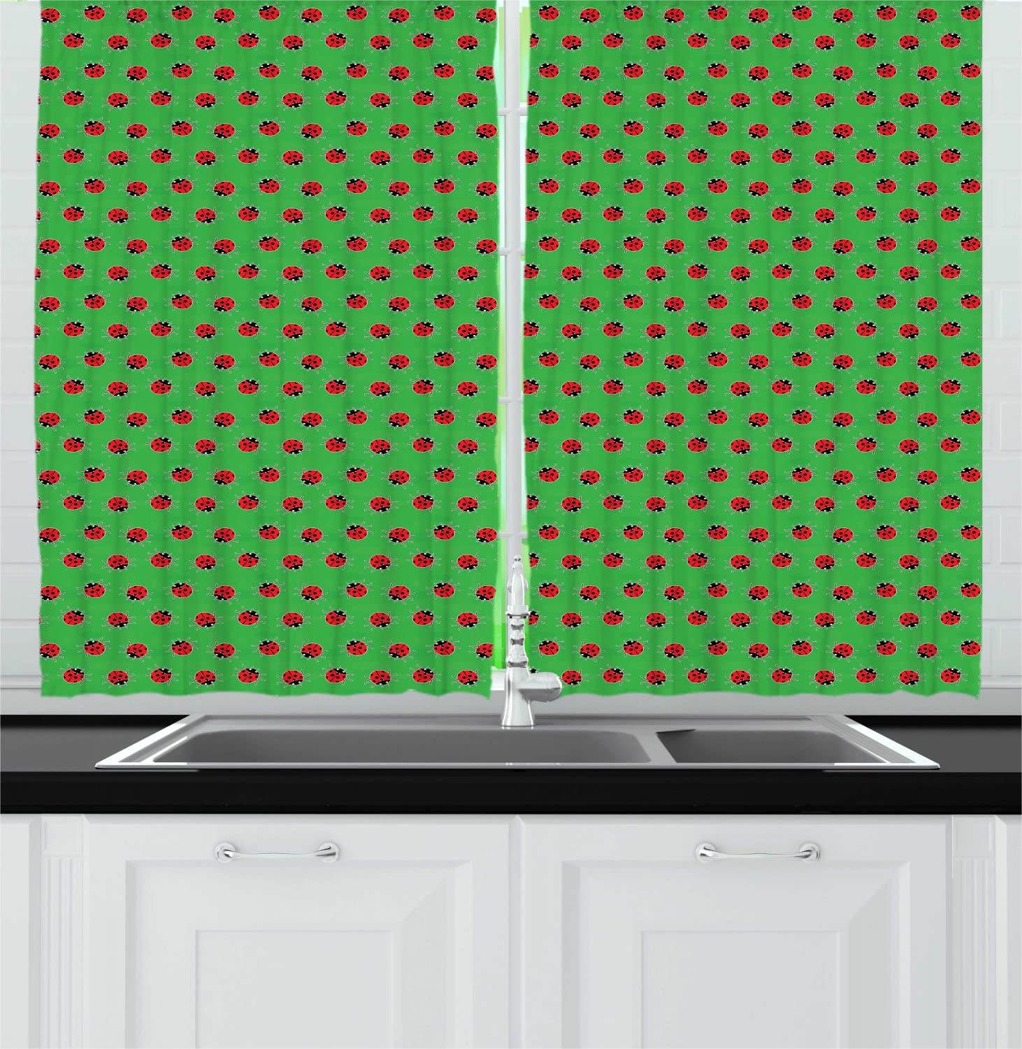 Ambesonne Entomology Long Kitchen Curtains - Cartoon Ladybugs Meadow Print, 2 Panel Rod Pocket Drapes 55