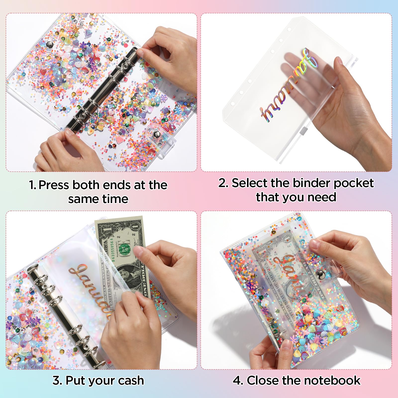 NEW A6 Glitter Budget Binder with Monthly Zipper Cash Envelopes - PVC Money Saving Planner with 6-Ring Sequin Cover & Plastic Pockets - Perfect for Cash Stuffing Challenges & Personal Finance Organization