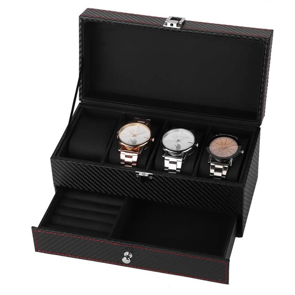 Premium 4-Grid Double Layer Watch Box - Carbon Fiber PU Leather Jewelry Organizer for Watches, Rings & Earrings - Luxury Display Case & Gift for Men & Women - Perfect for Travel, Home & Office Storage