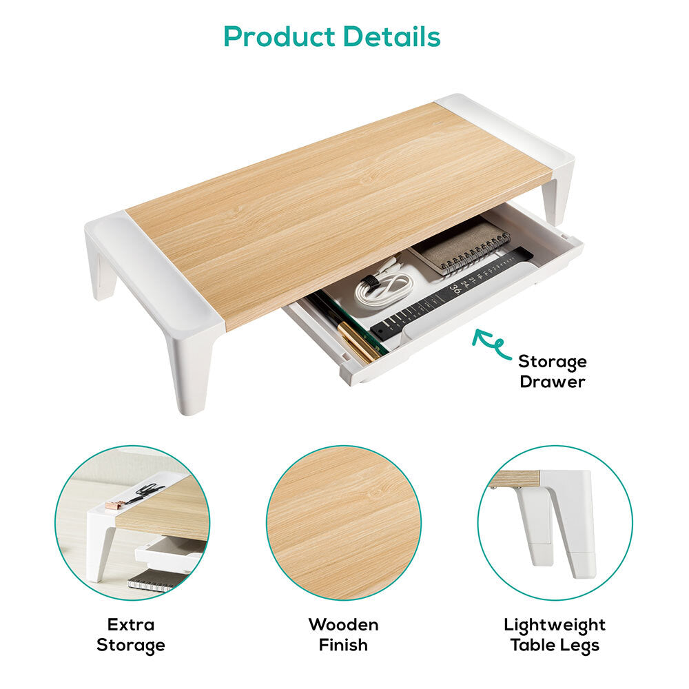 Activiva Monitor Stand Riser with Storage Drawer - White Oak Wooden Desktop Organizer for Computer, Laptop & Office Accessories - Perfect for Home & Office Workspace Setup
