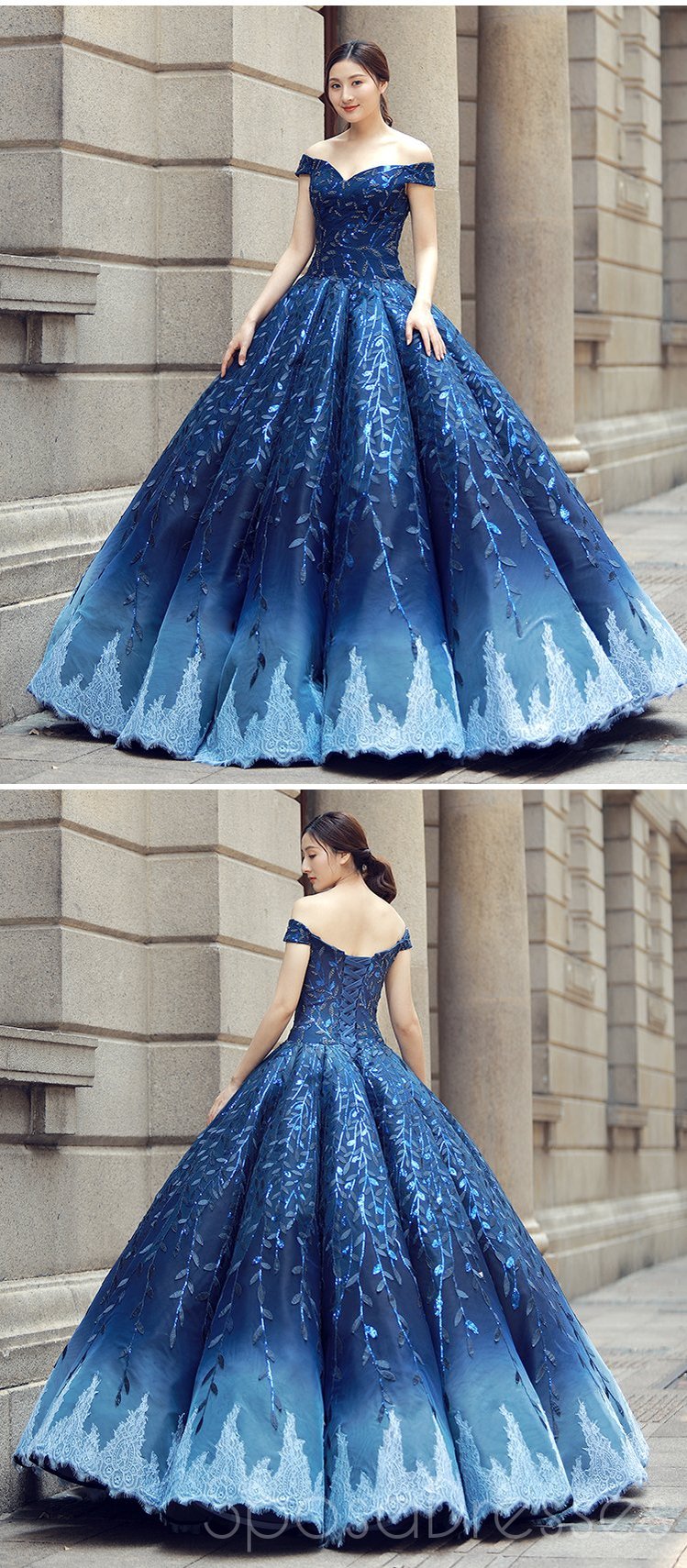 Navy Blue Off Shoulder Ball Gown Prom Dress for Sweet 16 & Quinceanera - Elegant Formal Evening Gown for Homecoming, Pageant, and Special Occasions