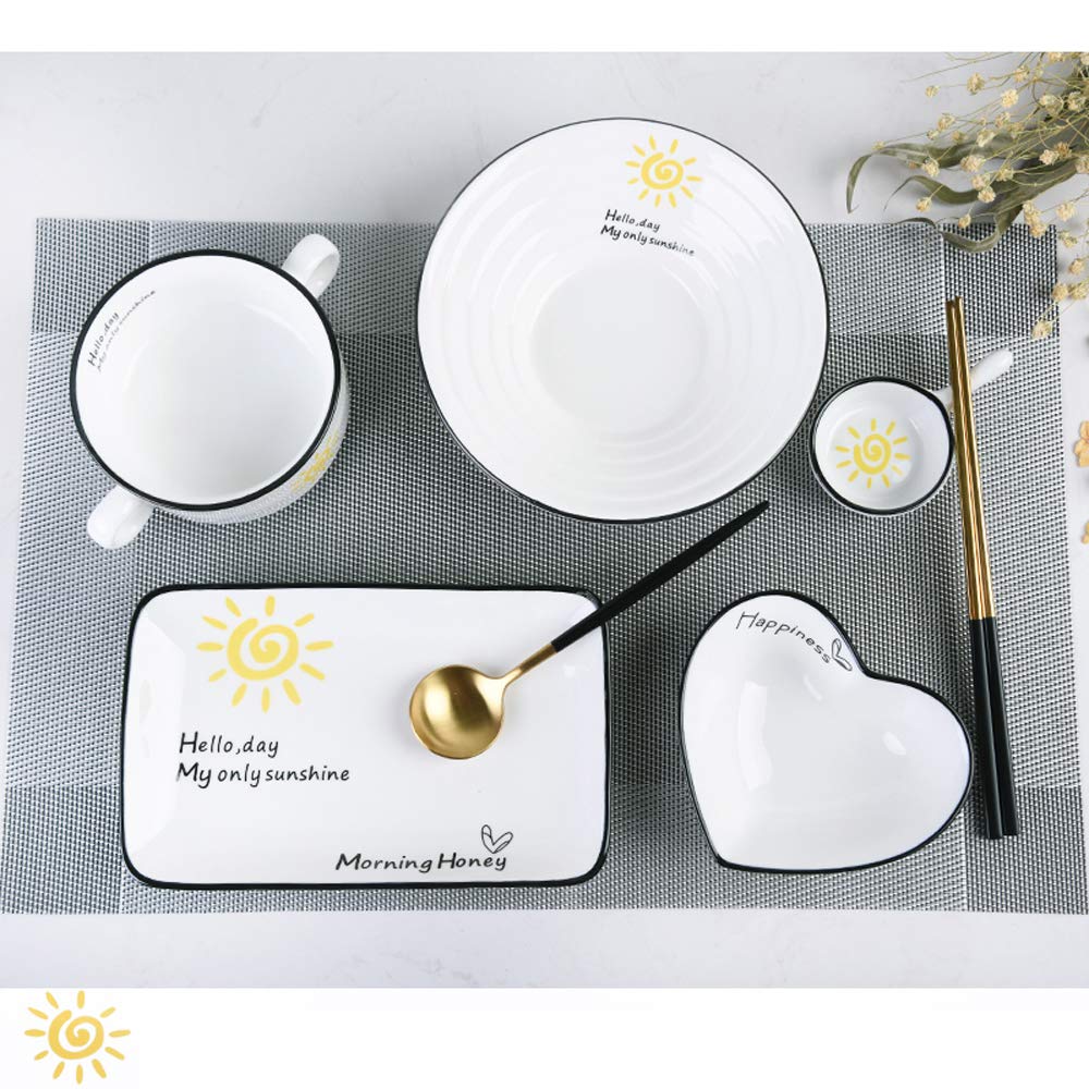 Japanese Style 8-Piece Ceramic Dish Set - Bowls & Plates for Home Dining & Restaurants (Sun Pattern)
