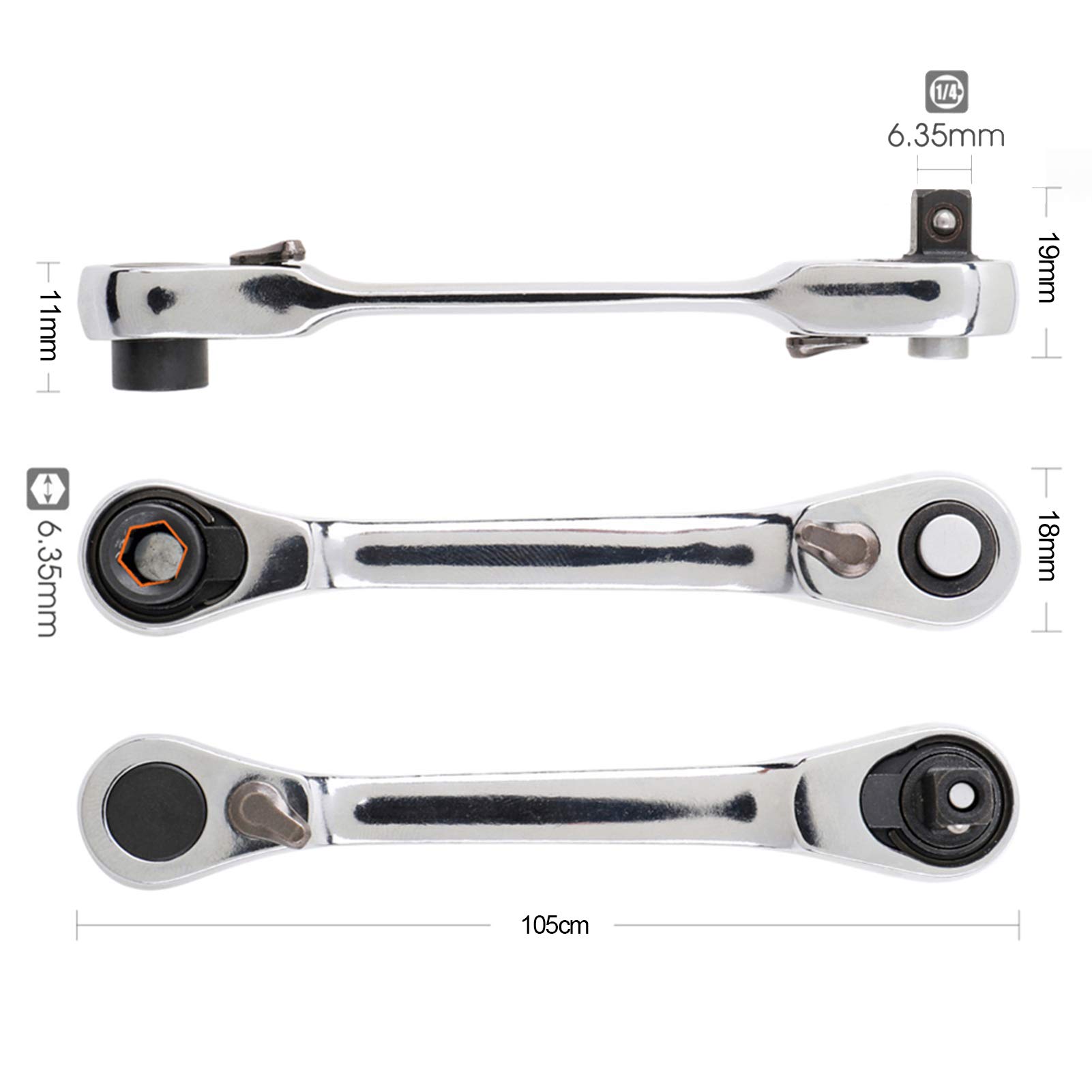1/4 Inch Mini Double Headed Ratchet Wrench Set - 72 Tooth Drive, 5° Quick Release Rotator with Socket & Screwdriver Bits - Silver (Perfect for Tight Spaces, Automotive Repair & DIY Projects)