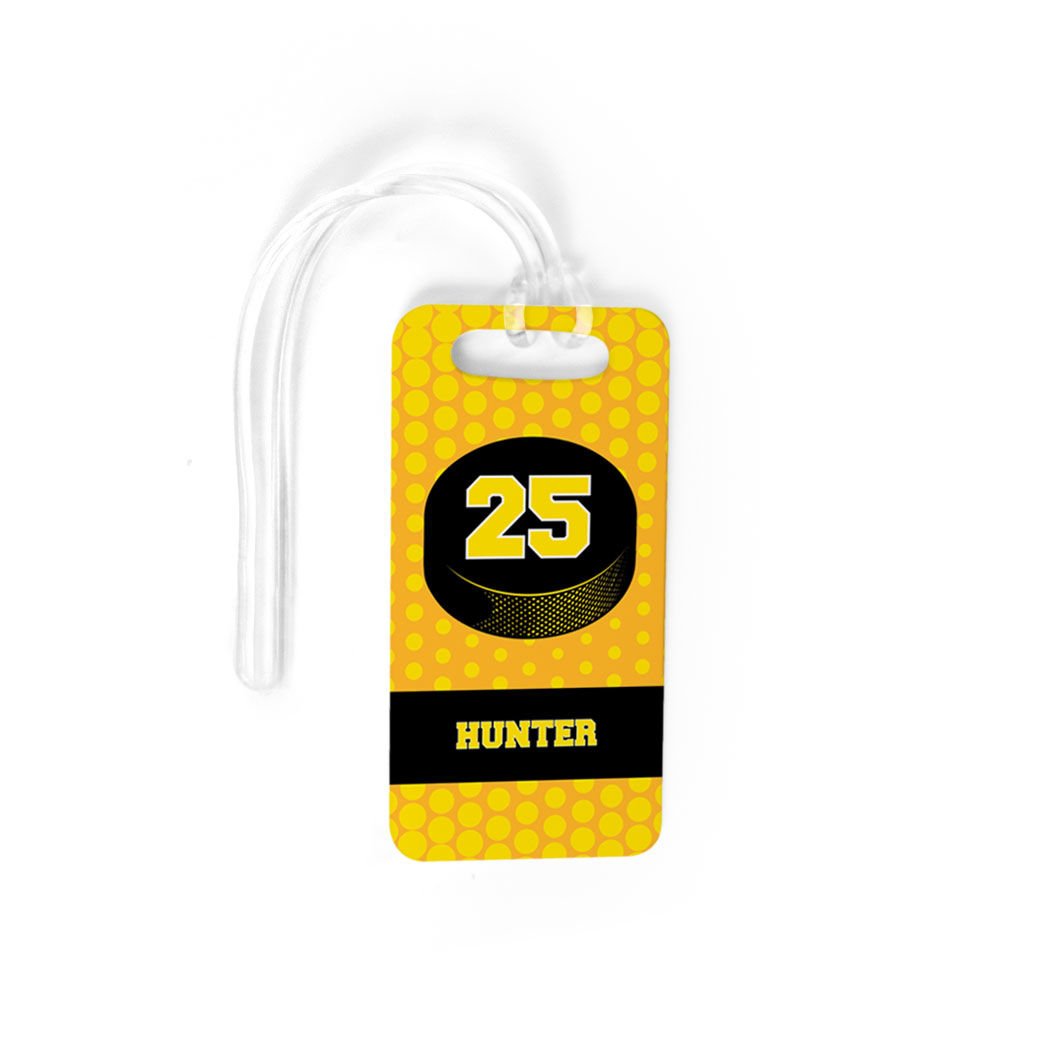 Personalized Hockey Puck Luggage Tag - Small Yellow Hockey Bag Tag with Standard Lines for Hockey Players & Fans - Perfect for Travel, Sports Gear & Hockey Equipment Identification