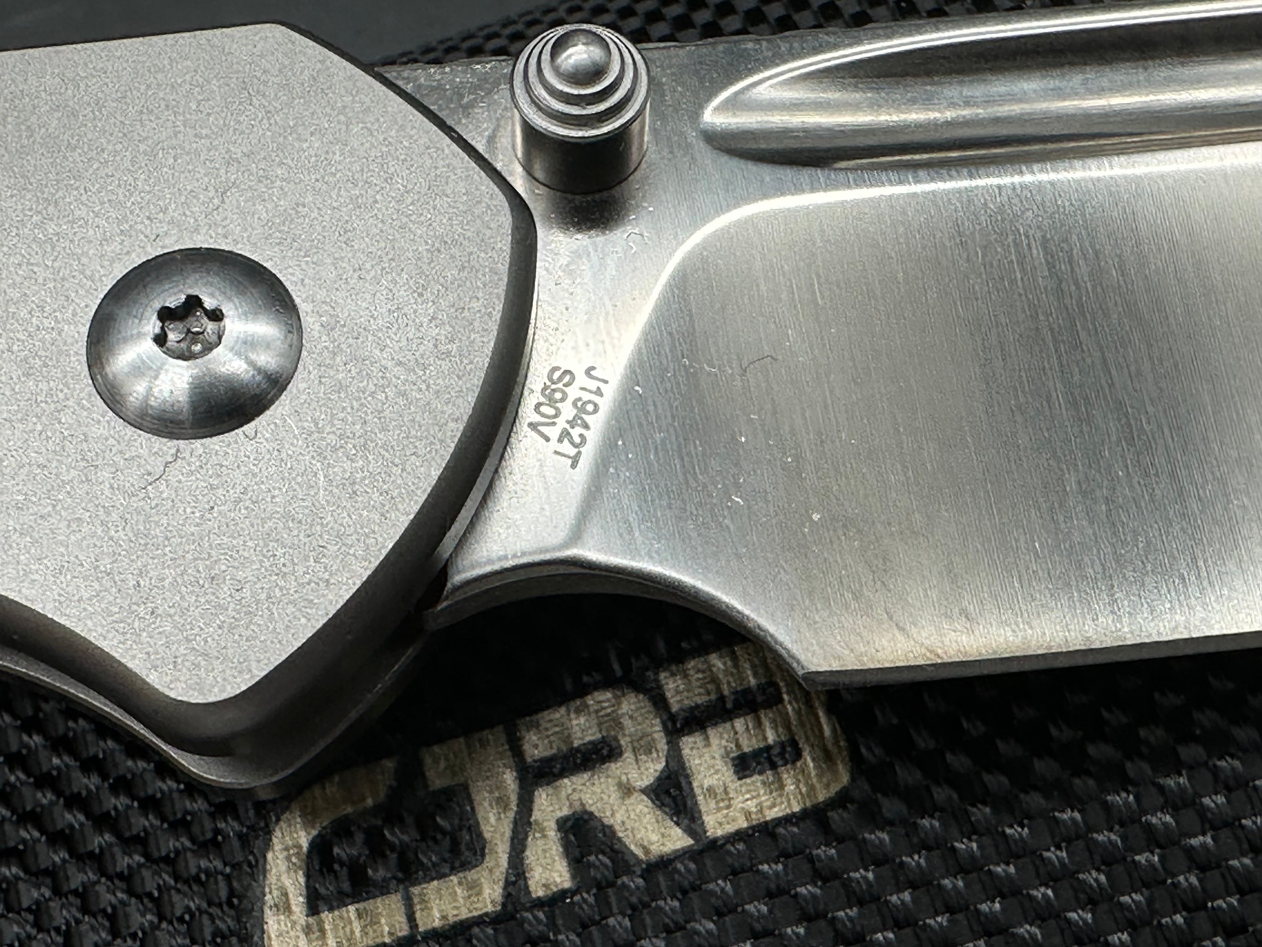 CJRB Bowie Pyrite Button Lock Folding Knife - Textured Gray Titanium Handle, 3.2