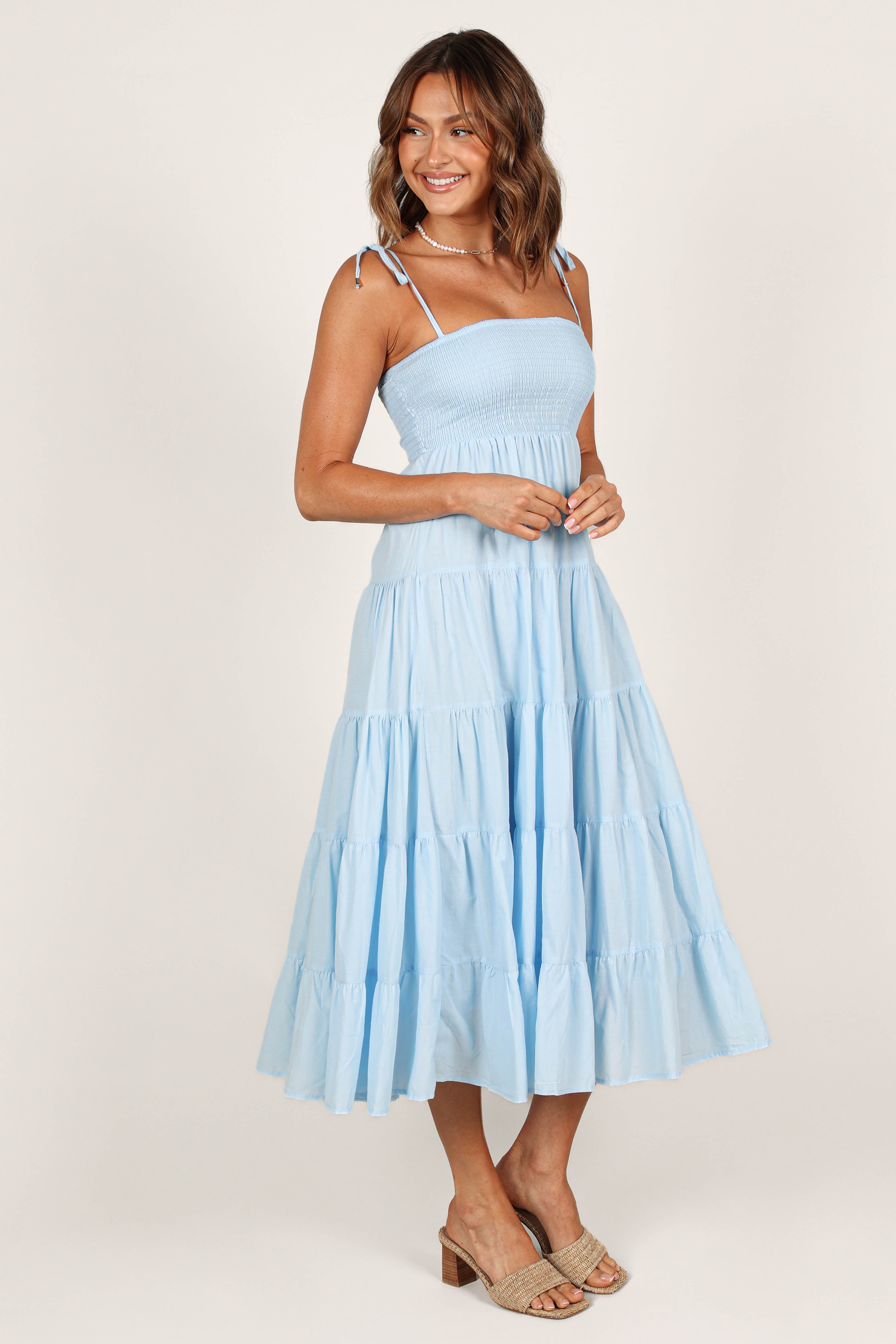 Carrol Shirred Bodice Maxi Dress in Blue | Flowy Summer Beach Dress for Women | Perfect for Vacations, Weddings & Date Nights