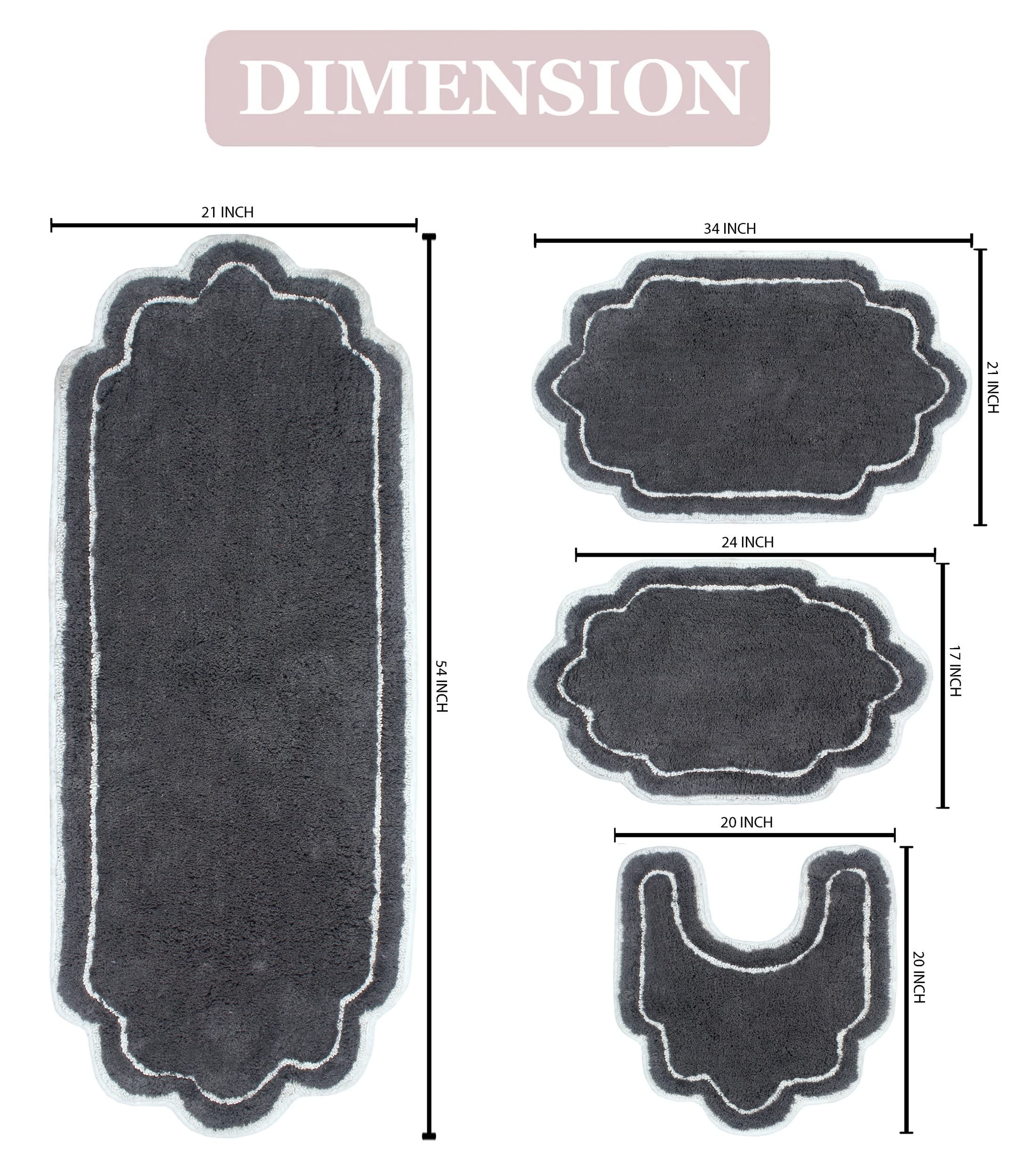 Home Weavers Allure Collection 100% Cotton Tufted Bathroom Rug Set - Soft, Absorbent & Non-Slip Bath Mats for Shower, Tub & Bathroom Floor - Machine Washable 4-Piece Set with Contour in Dark Gray - Perfect for Bathrooms, Spa & Home Decor