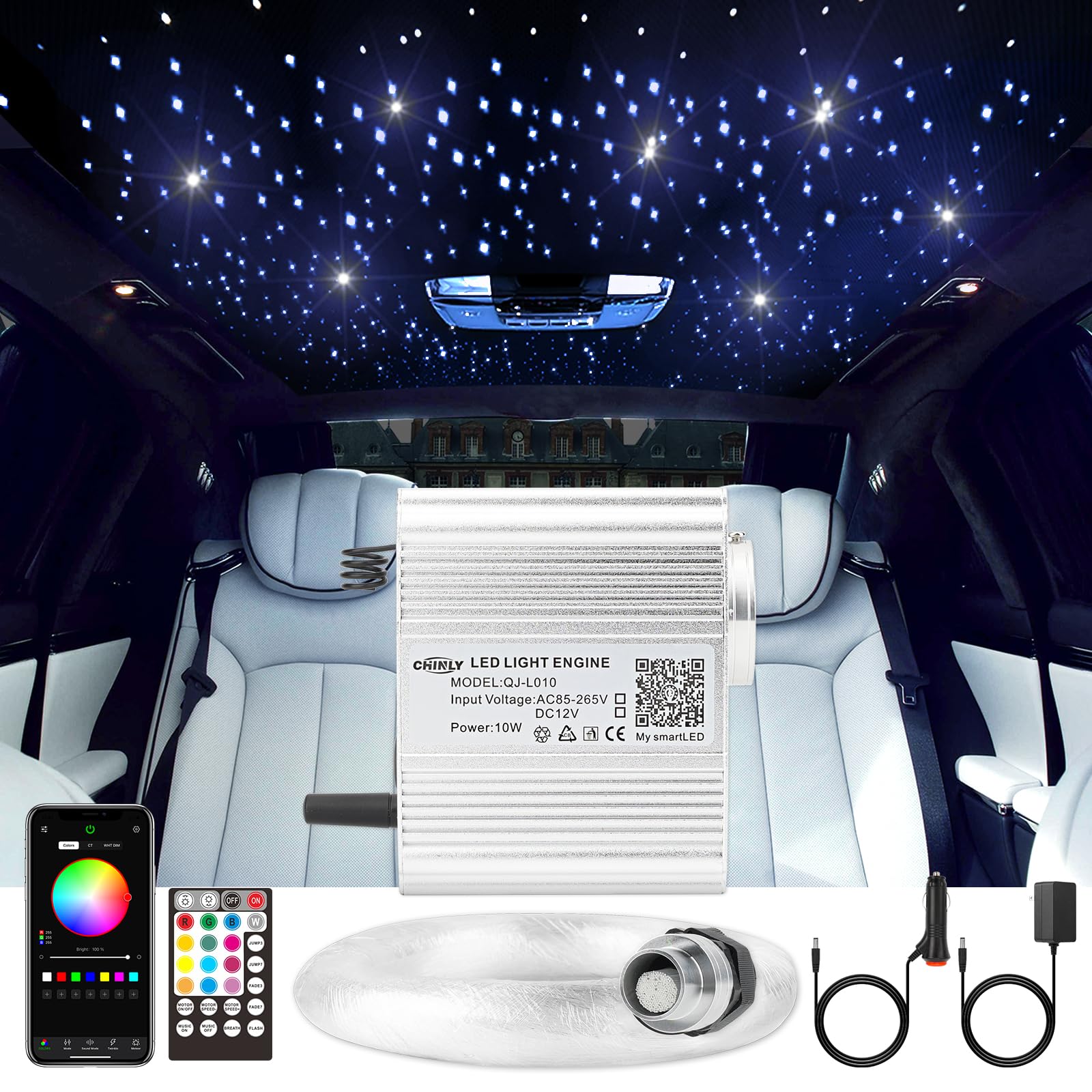 CHINLY Starlight Headliner Kit - 550pcs 0.03in Fiber Optic Star Lights with RGBW Colors, APP & Remote Control for Car Ceiling (13.1ft) - Perfect for Car Interior Decor, Home Theater Lighting & Romantic Ambience