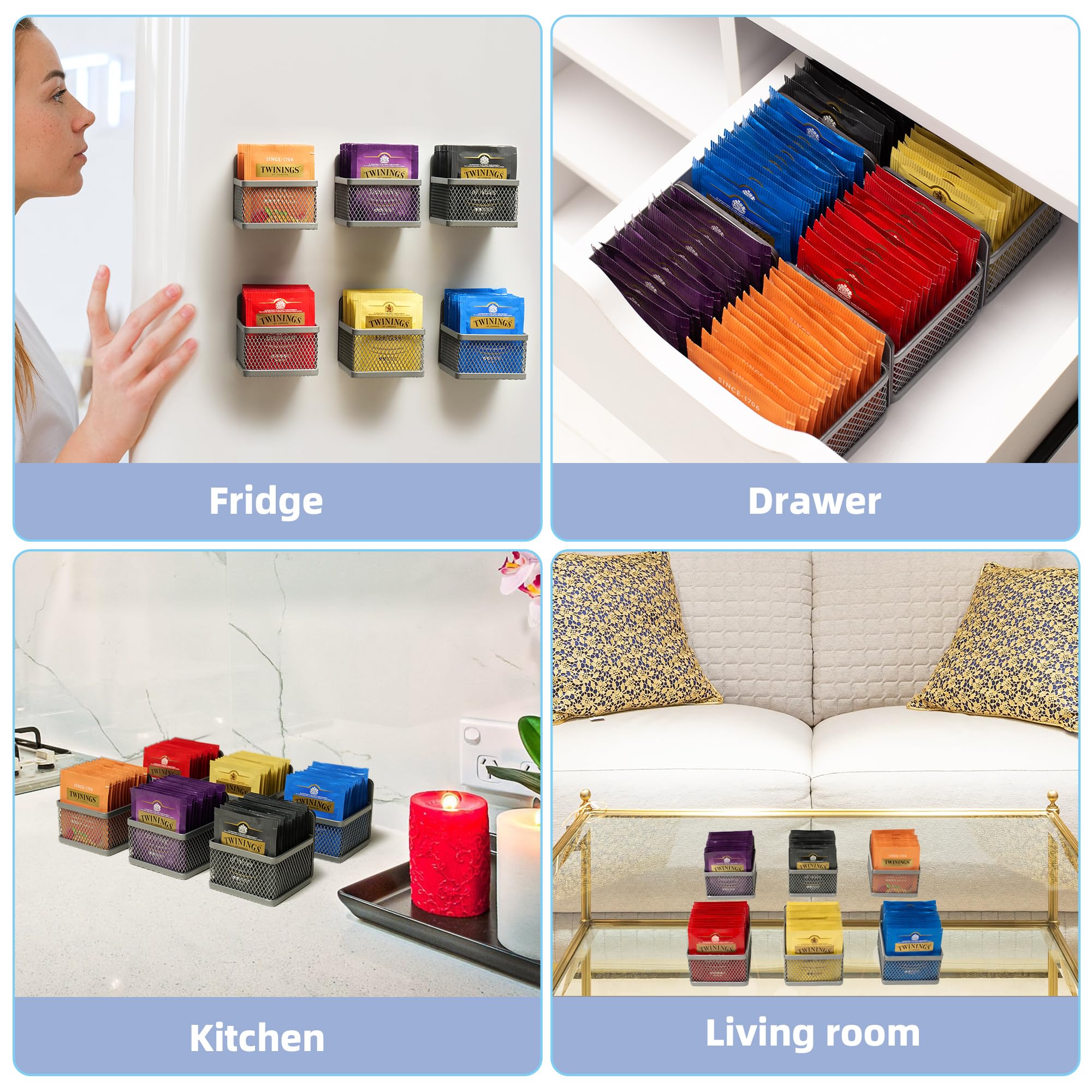 6-Piece Magnetic Tea Bag Organizer Set - Stainless Steel Tea Storage for Refrigerator & Countertop - Perfect Tea Gift for Tea Lovers (Silver) - Ideal for Kitchen, Office & Home Organization