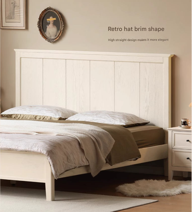 Solid Oak Wood High Headboard Full Size White Bed - American Style Bedroom Furniture for Master Bedroom & Guest Room Decor