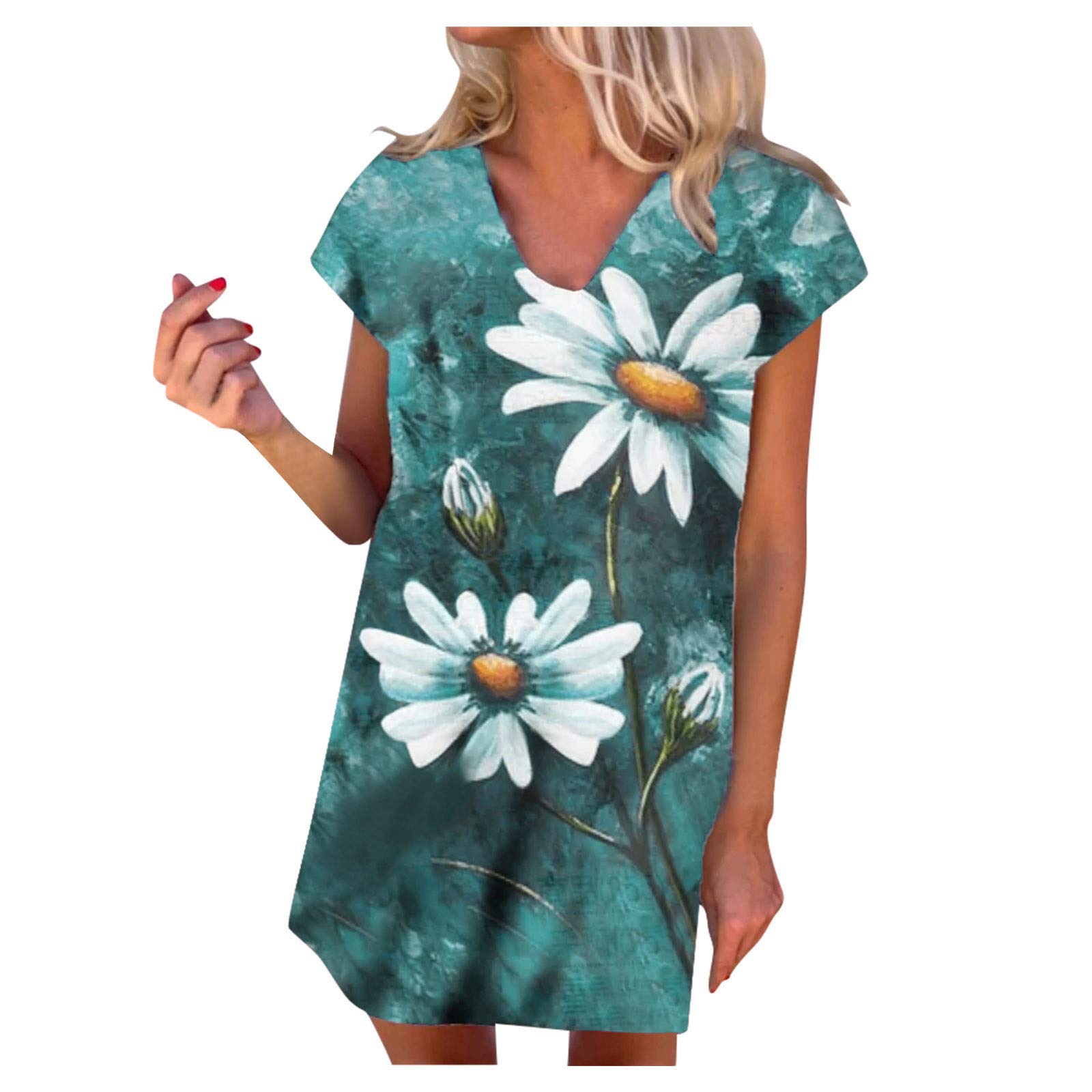 Aliturtle Women's Casual Floral Print Sleeveless V-Neck Mini Dress - Loose Fit Summer Sundress for Beach, Wedding Guest, Party & Vacation
