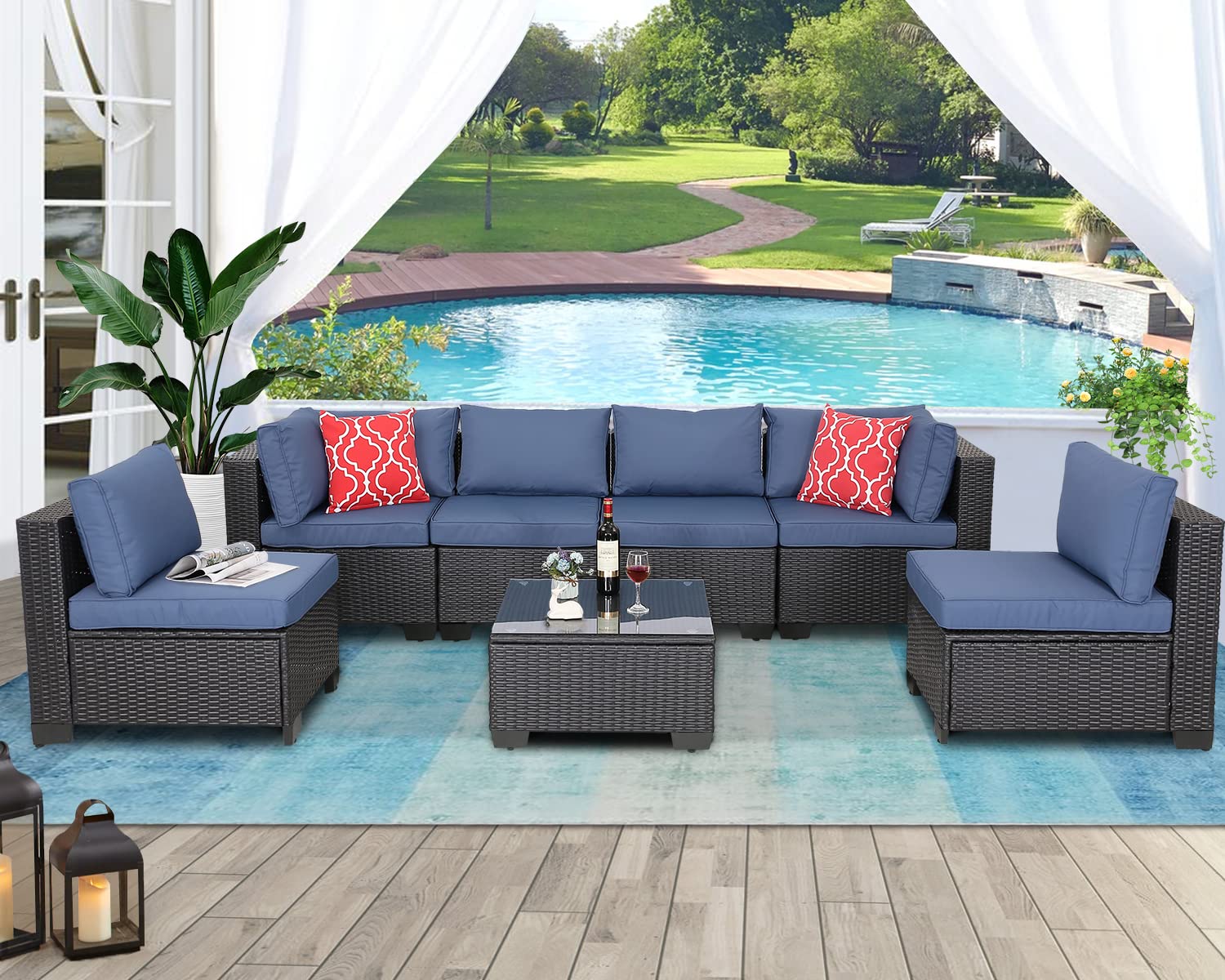 7-Piece Outdoor Patio Furniture Set - PE Rattan Sectional Conversation Set with Cushions & Glass Coffee Table (Espresso & Navy) - Perfect for Backyard, Garden, Poolside & Outdoor Entertaining