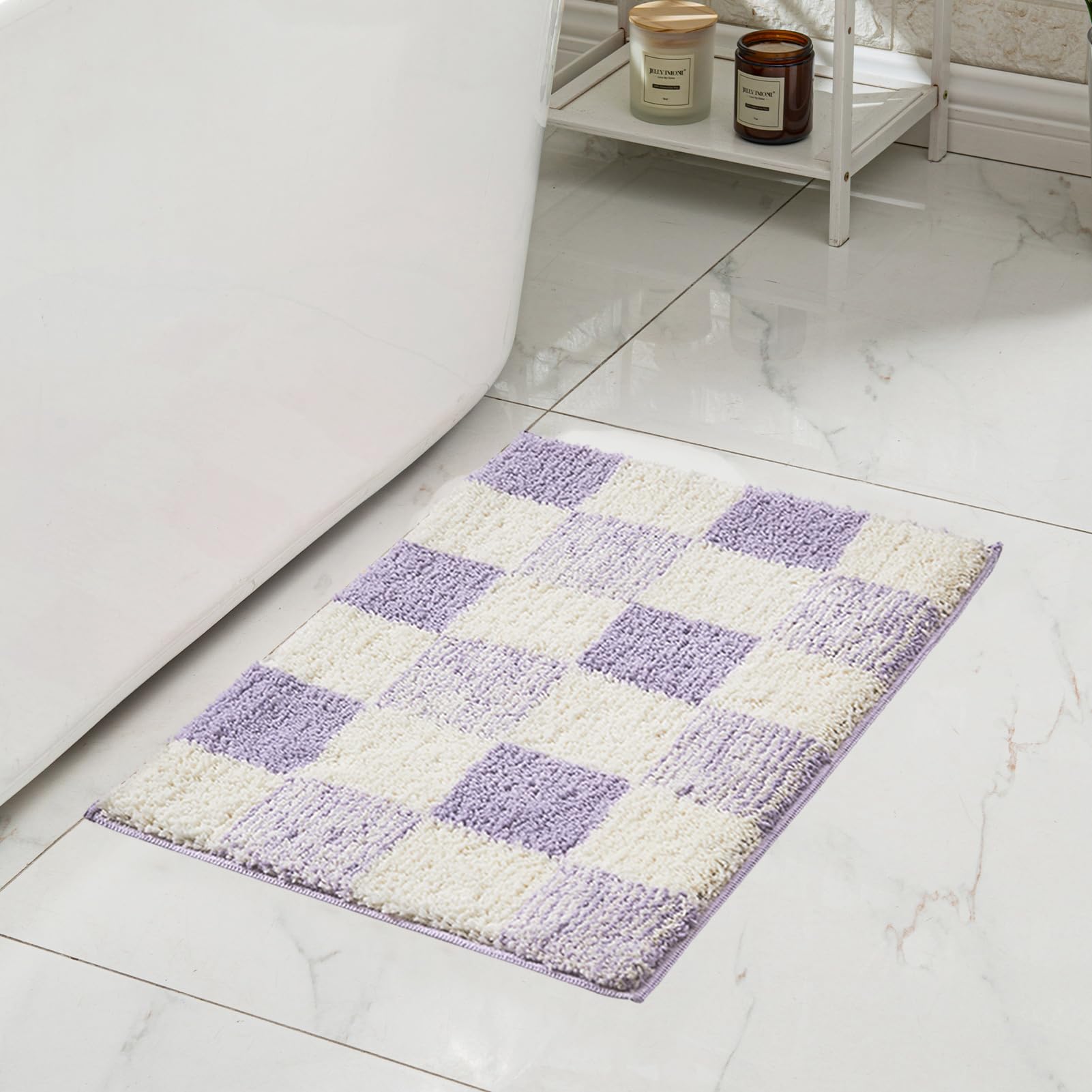 CozeCube Non-Slip Fluffy Microfiber Bath Mat - Absorbent Checkered Bathroom Rug for Shower & Sink, Washable & Soft, Aesthetic Purple Design (24
