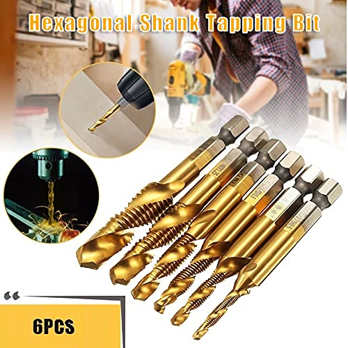 VALINK 6-Piece Titanium Drill Tap Bit Set - High Speed Steel Hex Shank Threading Tool Kit for Metal, Wood & Plastic - Perfect for DIY Projects, Home Repairs & Professional Machining
