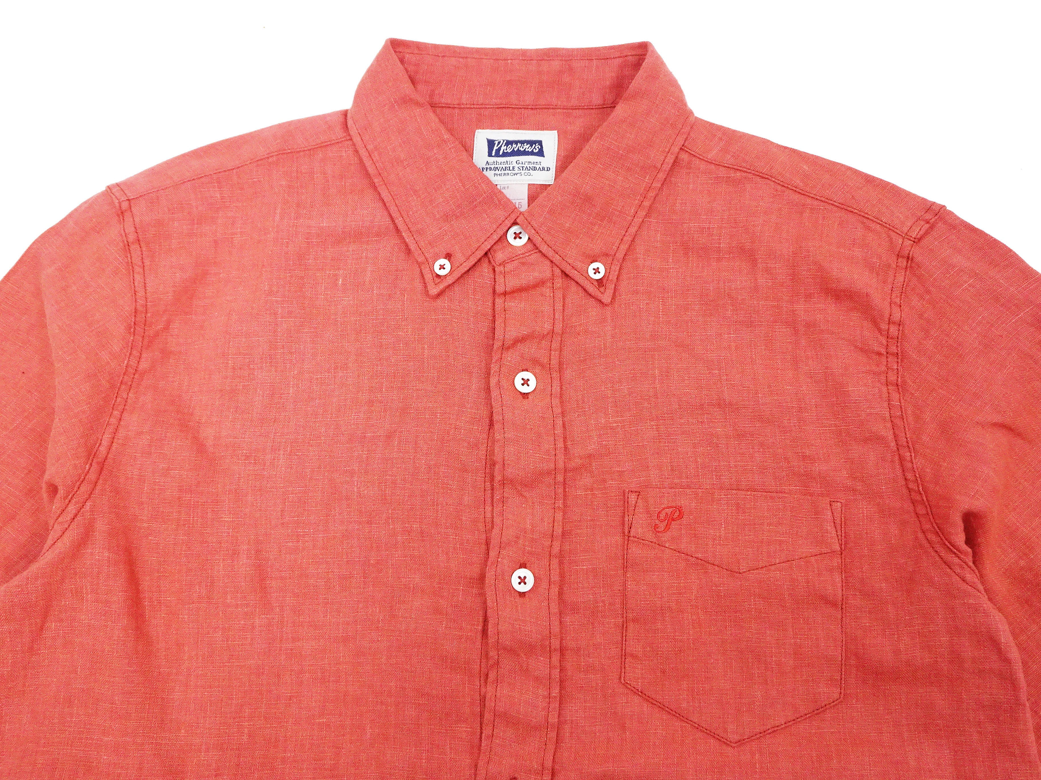 Pherrow's Men's Casual Linen 3/4 Sleeve Button-Up Shirt with Button-Down Collar - Plain Salmon Color (24S P7BD1) for Summer Outfits & Smart Casual Wear