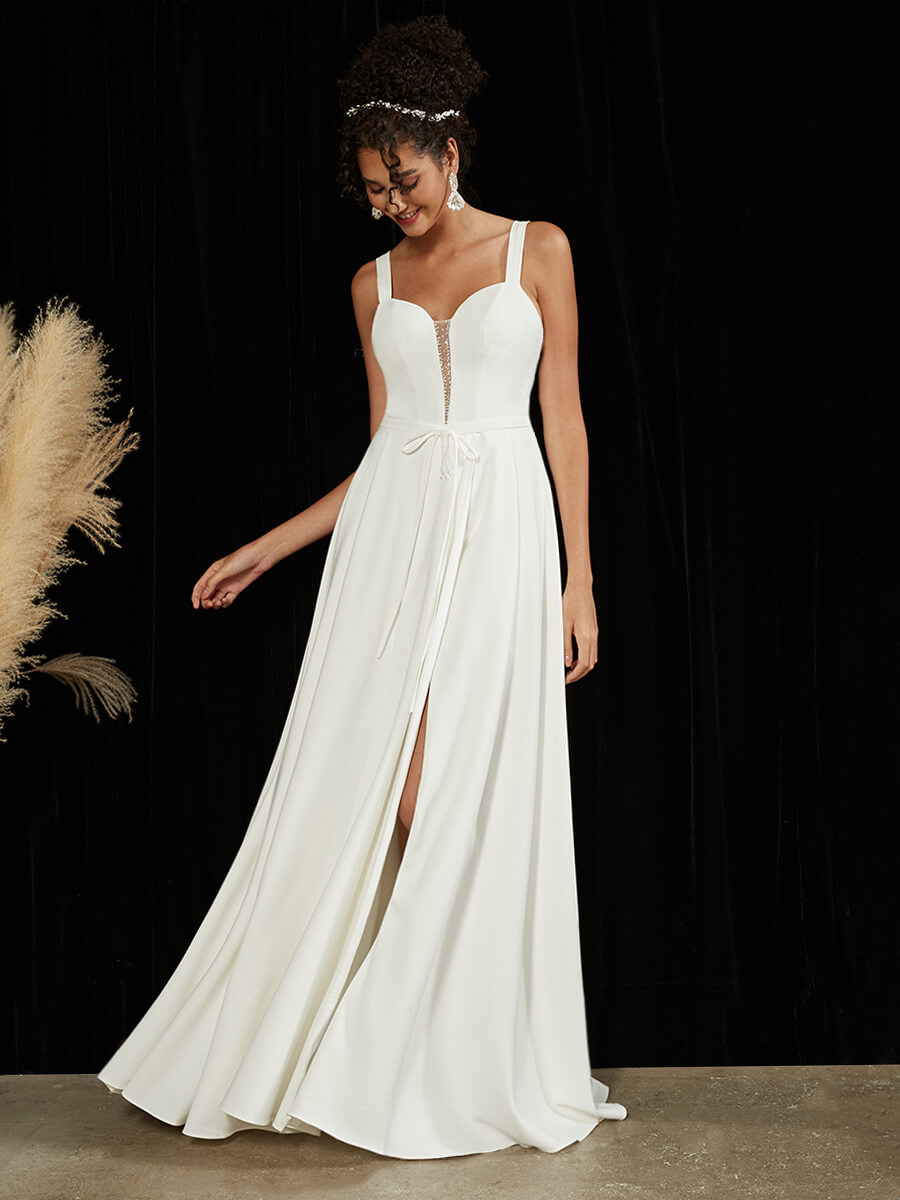 Elegant Diamond White Double FDY Sheer V-Neck A-Line Floor-Length Wedding Dress for Brides - Perfect for Church Ceremonies, Beach Weddings & Formal Receptions