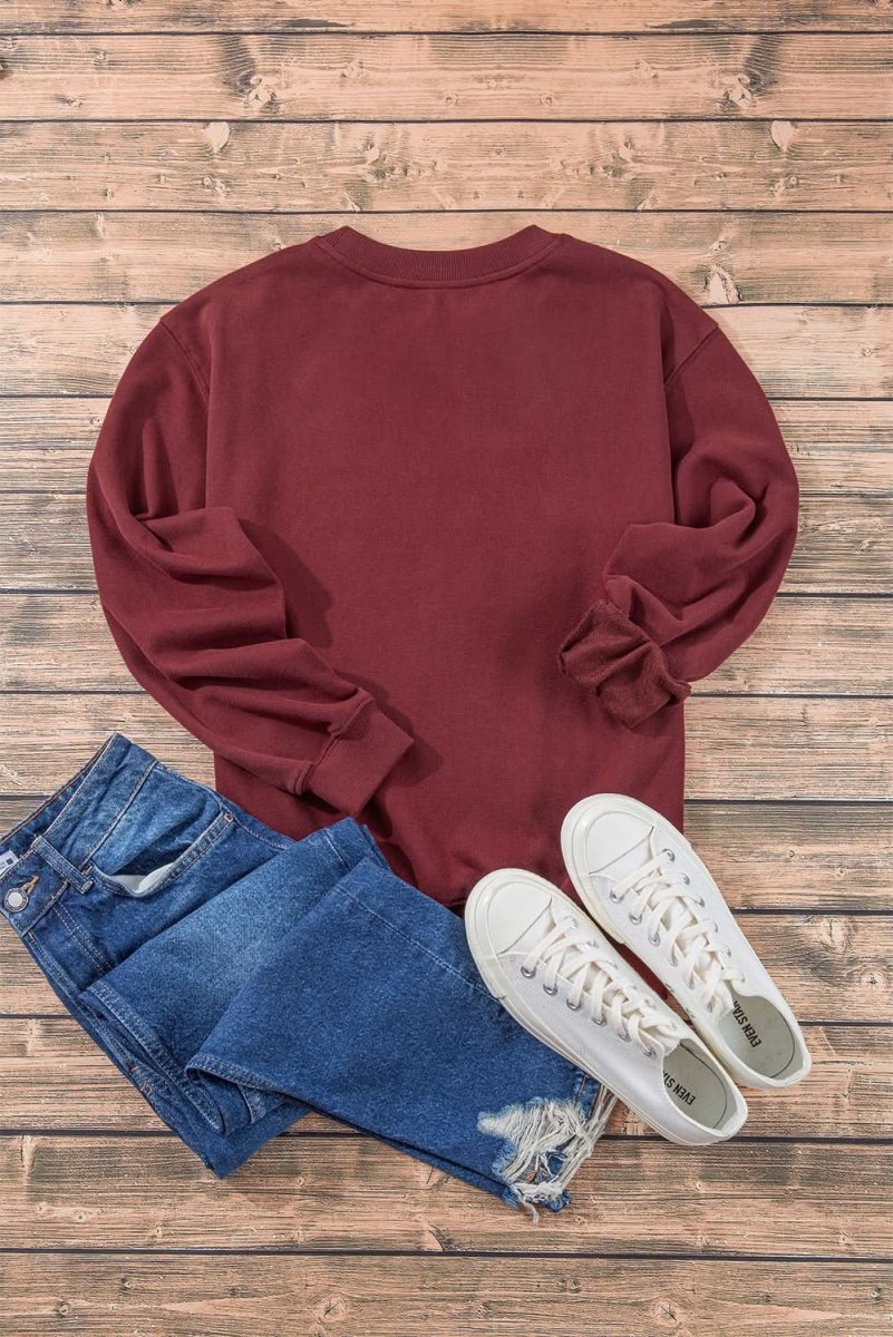 Burgundy Plain Drop Shoulder Crewneck Pullover Sweatshirt for Women - Casual Loose Fit Long Sleeve Sweater for Fall Winter Fashion, Lounge, Travel & Everyday Wear
